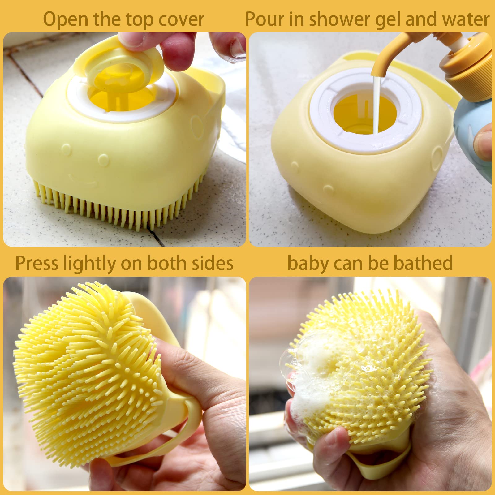 Woleigiao Dog Bath Brush, Pet Massage Brush Shampoo Dispenser, Soft Silicone Brush Rubber Bristle For Dogs And Cats Shower Grooming (Yellow)