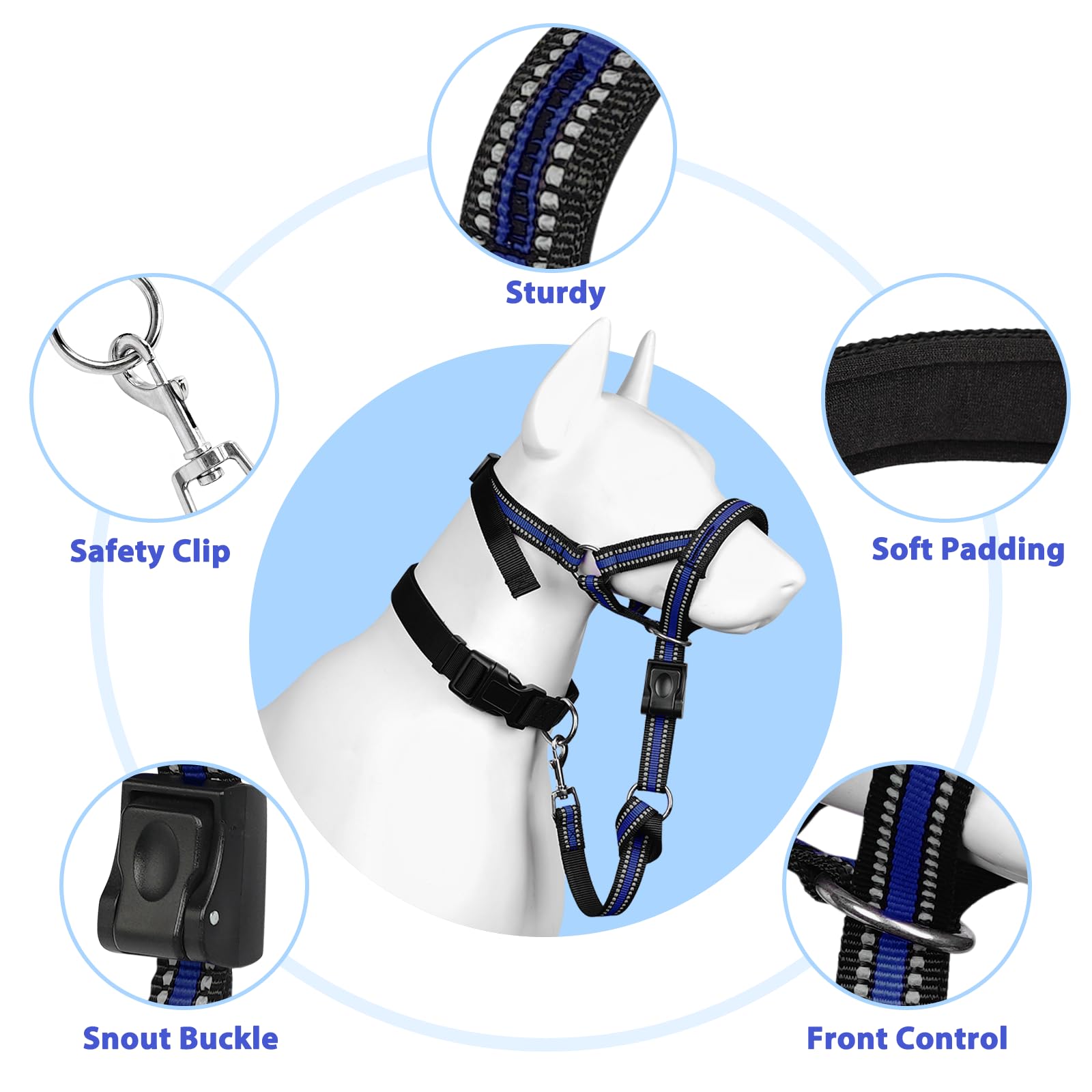 Barkless Soft Dog Head Collar, Patented Padded No Pull Head Halter, Training Nose Leash With Safety Link For Medium Large Dogs,