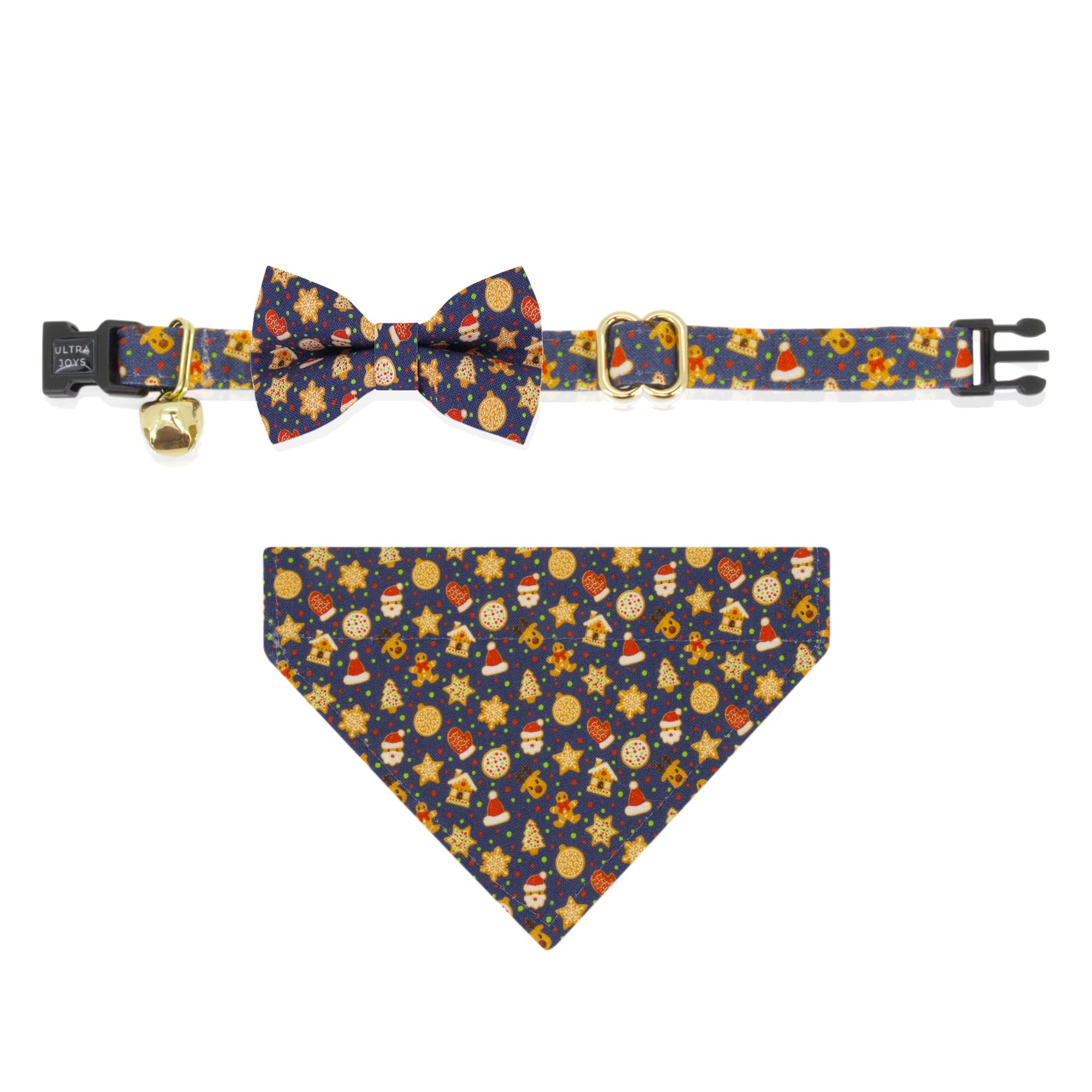Ultra Joys Cat Collar - Breakaway Safety, Bells & Bowtie Gingerbread Man Small