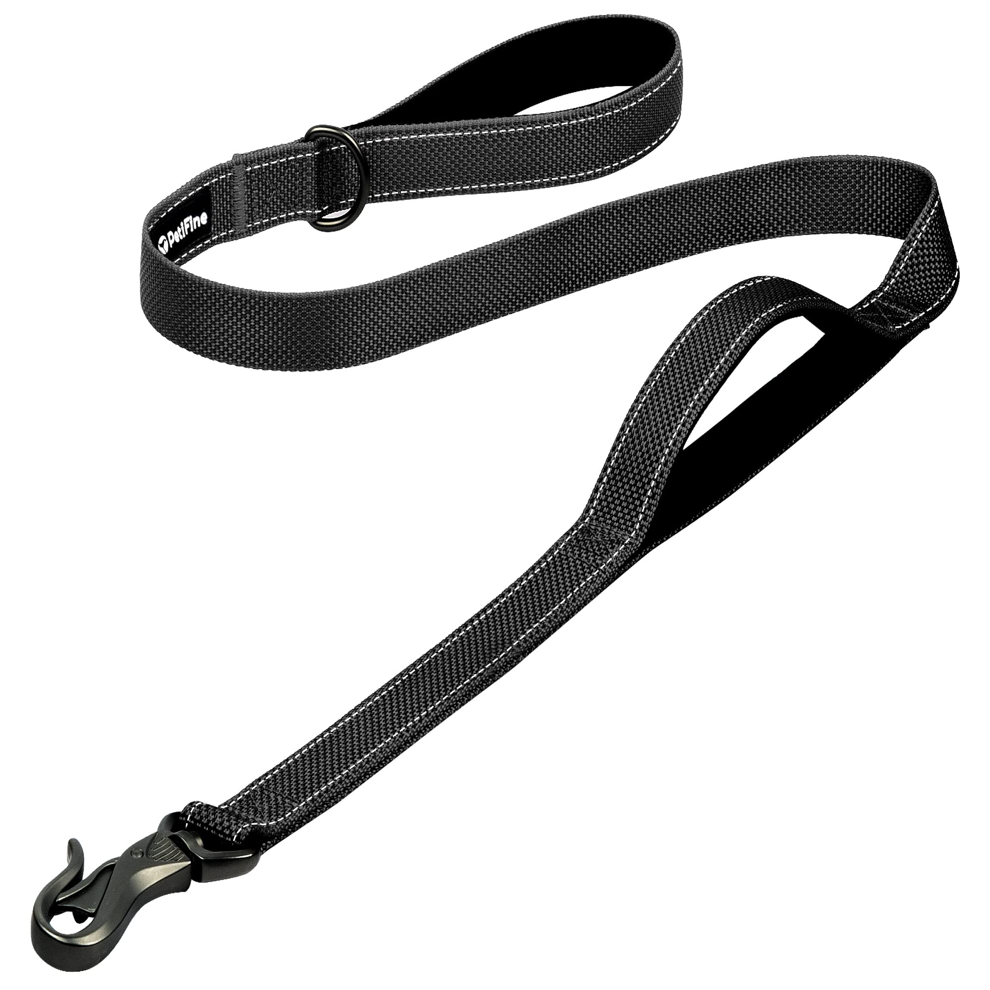 Petifine 4Ft Heavy Duty Dog Leash With Soft Padded Double Handle, Durable Strong Clasp Dog Leashes, Reflective Nylon Walking Lead For Large,Medium,Small Breed Dogs, Black