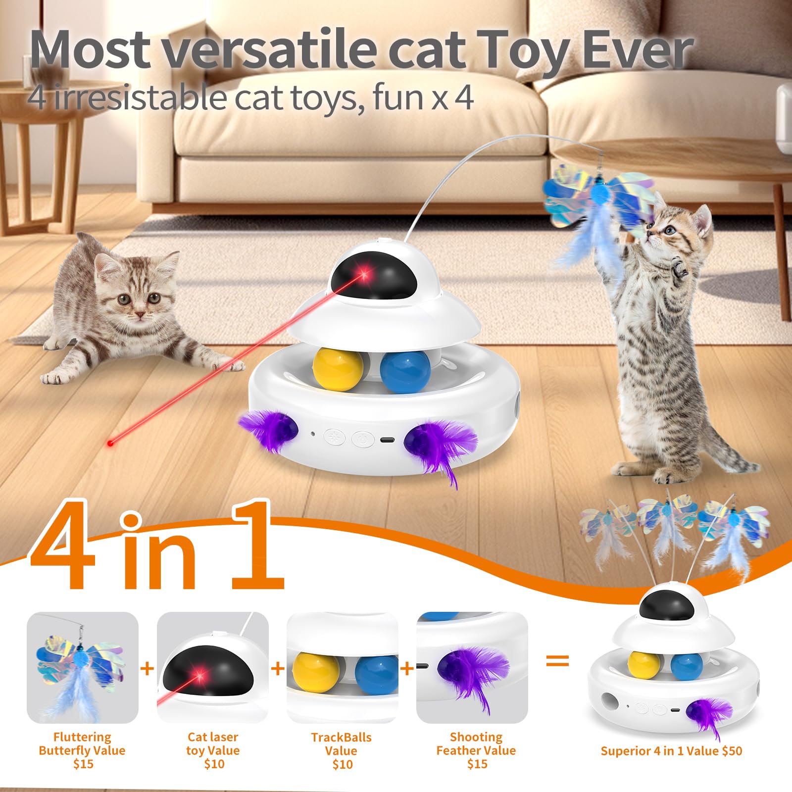 Mohaya Cat Toy,Interactive 4-In-1 Automatic Cat Toys For Indoor Cats,Electronic Whack A Mole, Fluttering Butterfly,Track Balls K