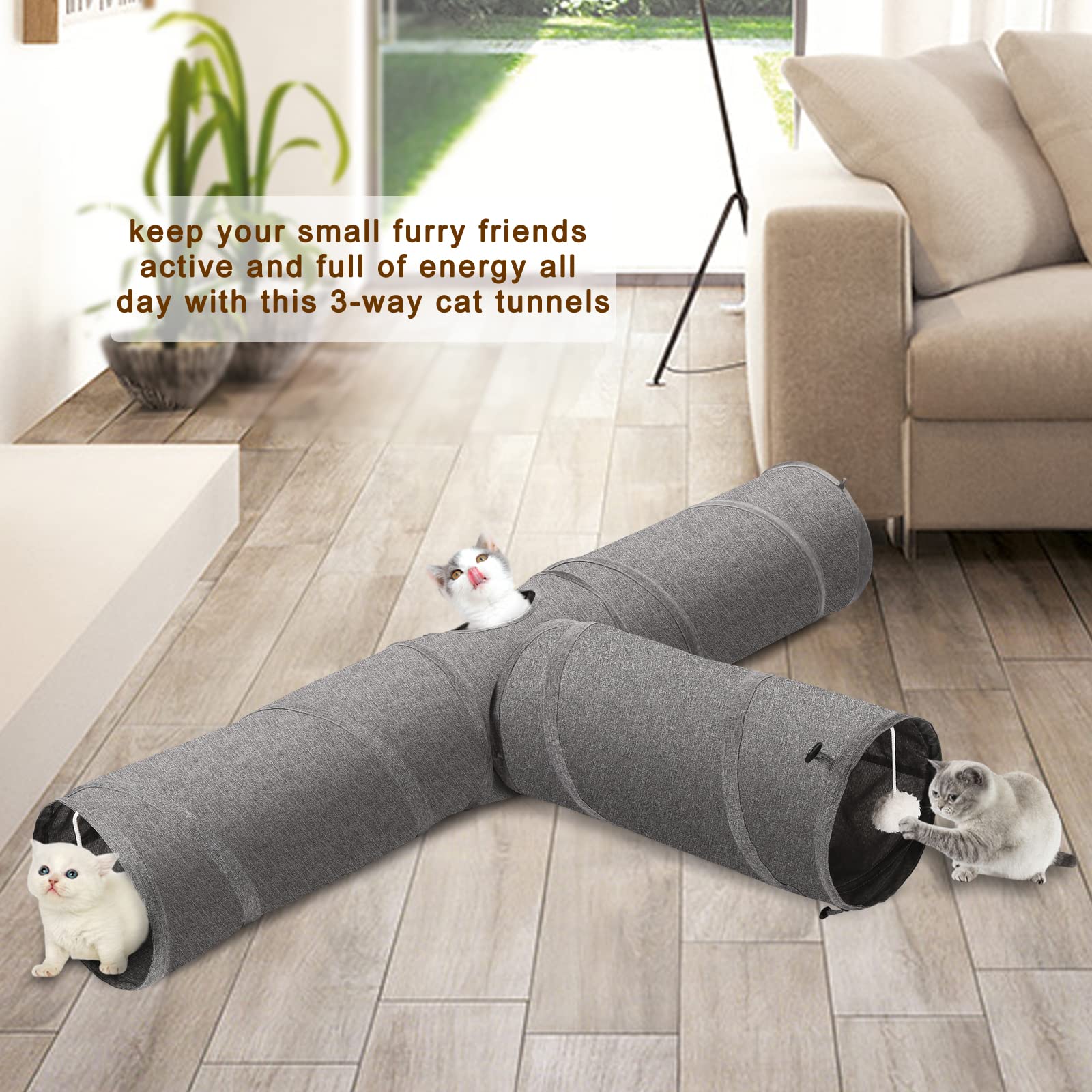 Ownpets Cat Tunnel, 3 Way Collapsible Kitty Tunnel 47 Inch Long Cat Tube With Plush Ball & Feather Toy, Large Cat Play Tunnel Fo