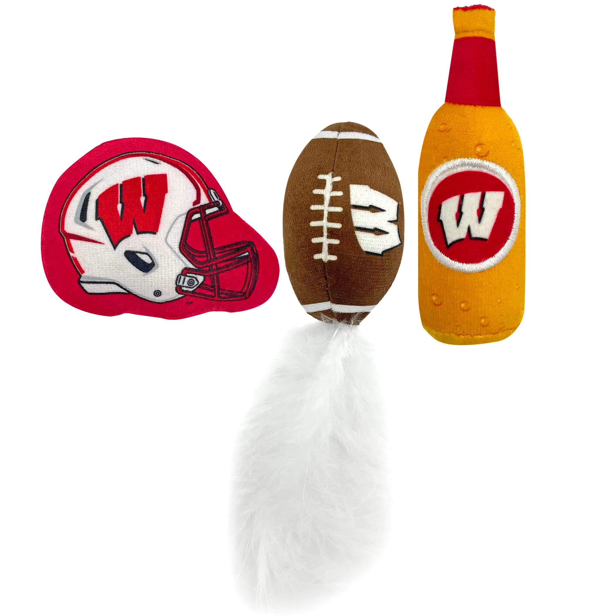 Best Plush Cat Toy - Ncaa Wisconsin Badgers Complete Set Of 3 Piece Cat Toys Filled With Fresh Catnip. Includes: 1 Helmet Cat Toy, 1 Football Cat Toy With Feathers & 1 Beer Bottle. Beautiful Team Logo