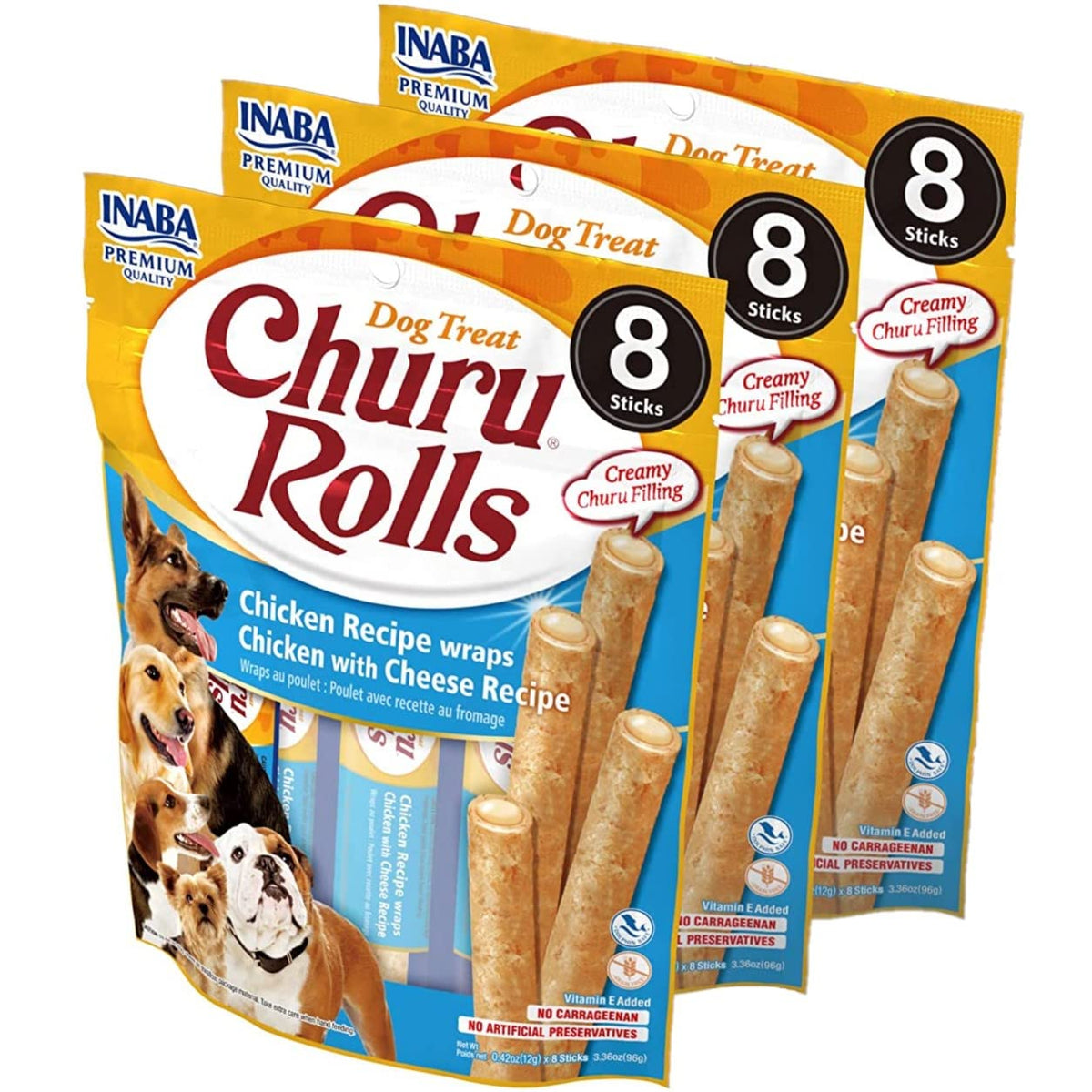 Inaba Churu Rolls For Dogs, Grain-Free, Soft/Chewy Baked Chicken Wrapped Churu Filled Dog Treats, 0.42 Ounces Each Stick| 8 Stick Treats Total, Chicken With Cheese Recipe