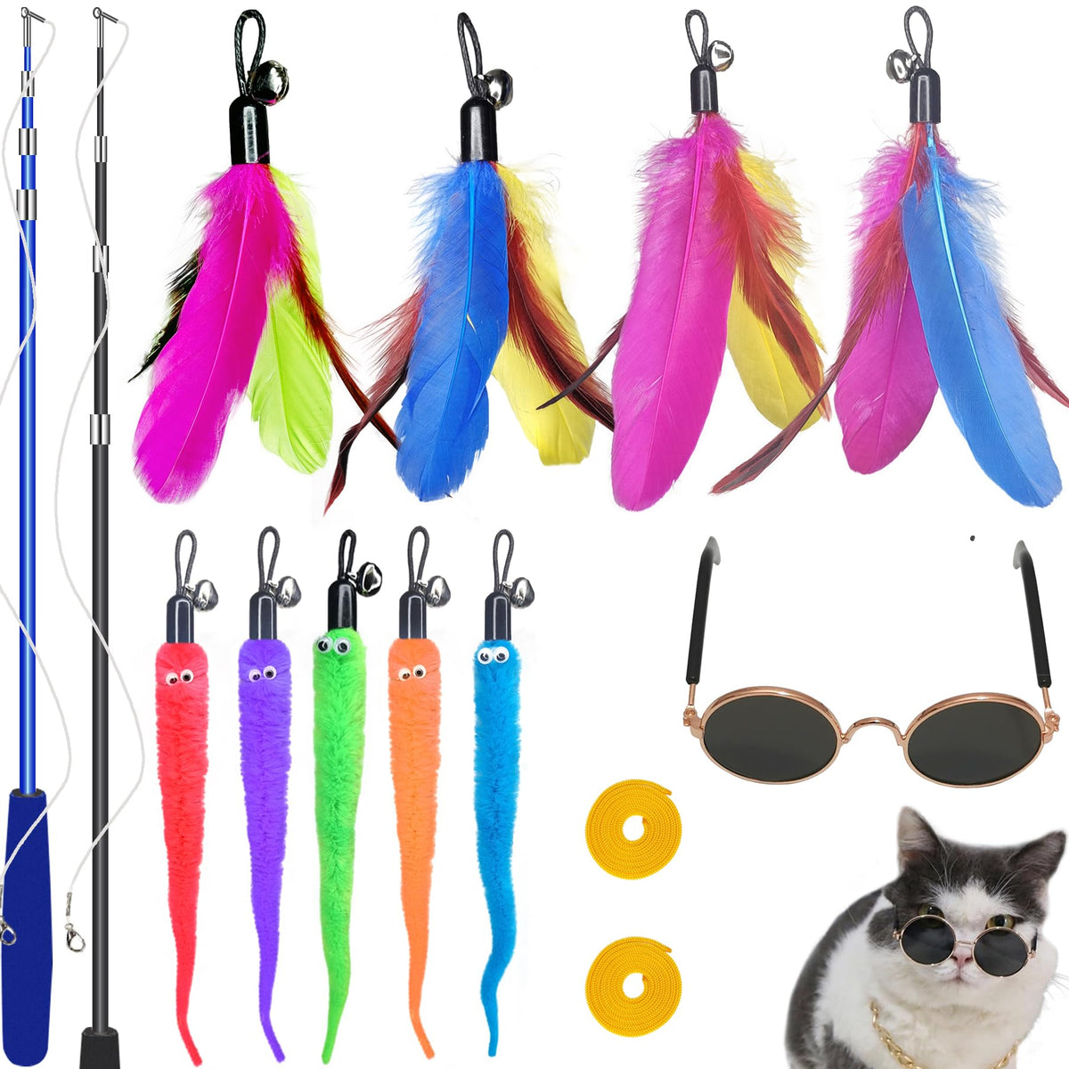 Zph Cat Toys Interactive For Indoor Cats,2Pcs Retractable Cat Wand Toys,9Pcs Teaser Toys&1Pcs Cat Eyeglasses Cat Toy,Interactive Feather Toy For Teaser Play And Chase Exercise With Kitten