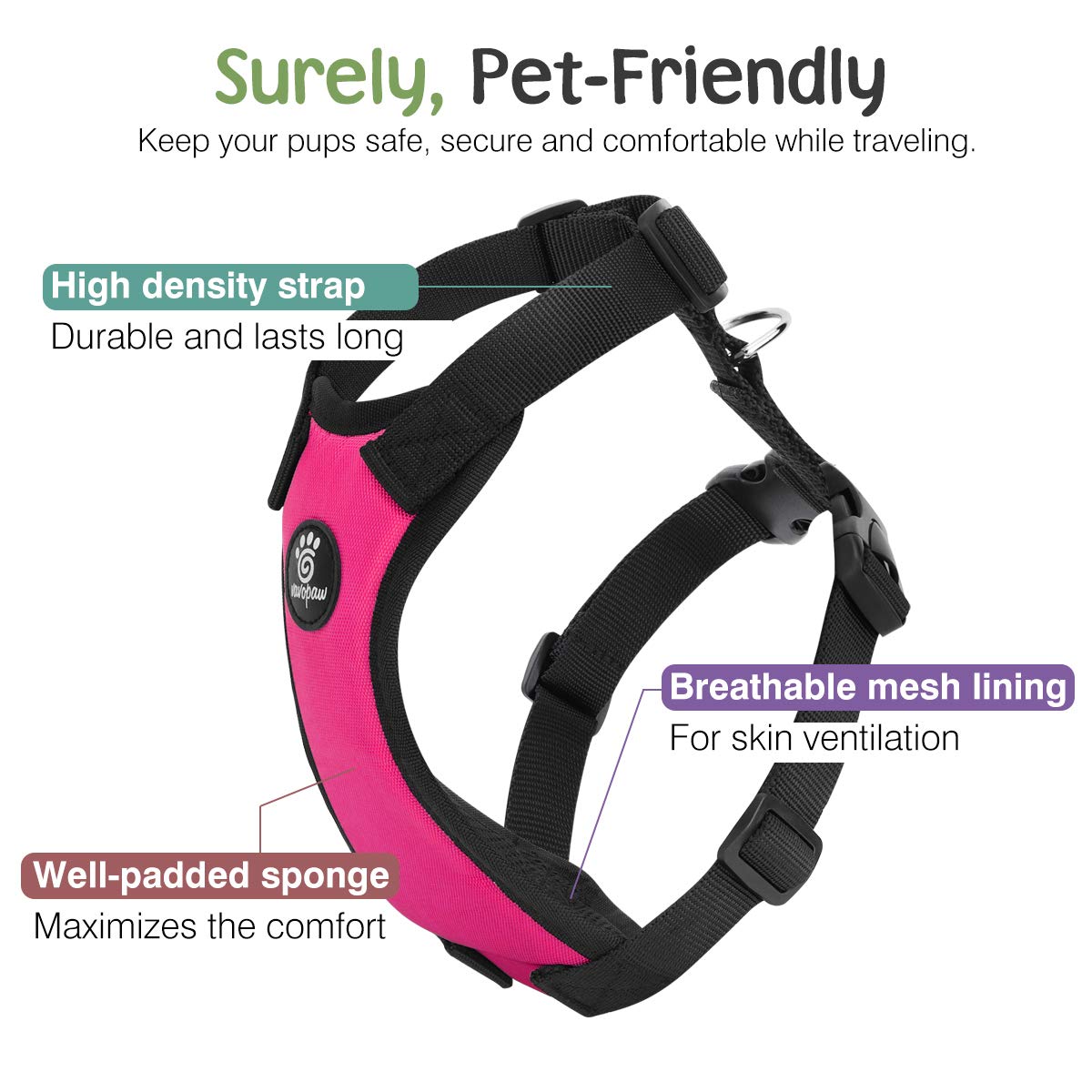 Vavopaw Dog Vehicle Safety Vest Harness, Adjustable Soft Padded Mesh Car Seat Belt Leash Harness With Travel Strap And Carabiner For Most Cars, Small Size, Magenta