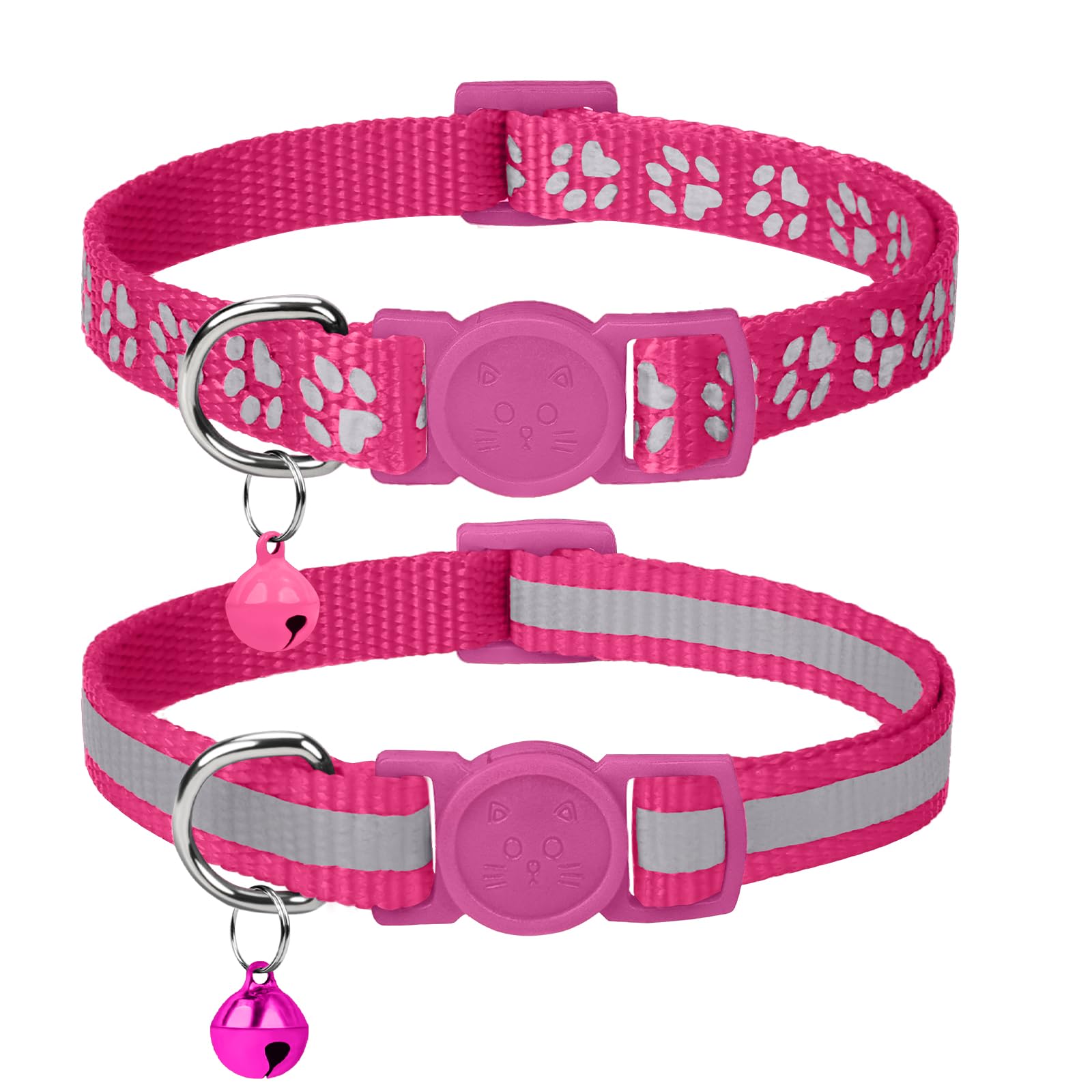 Taglory Reflective Cat Collar Breakaway With Bells, 2 Pack Girl Boy Pet Cat Collar Adjustable 7.5-12.5 Inch, Hotpink