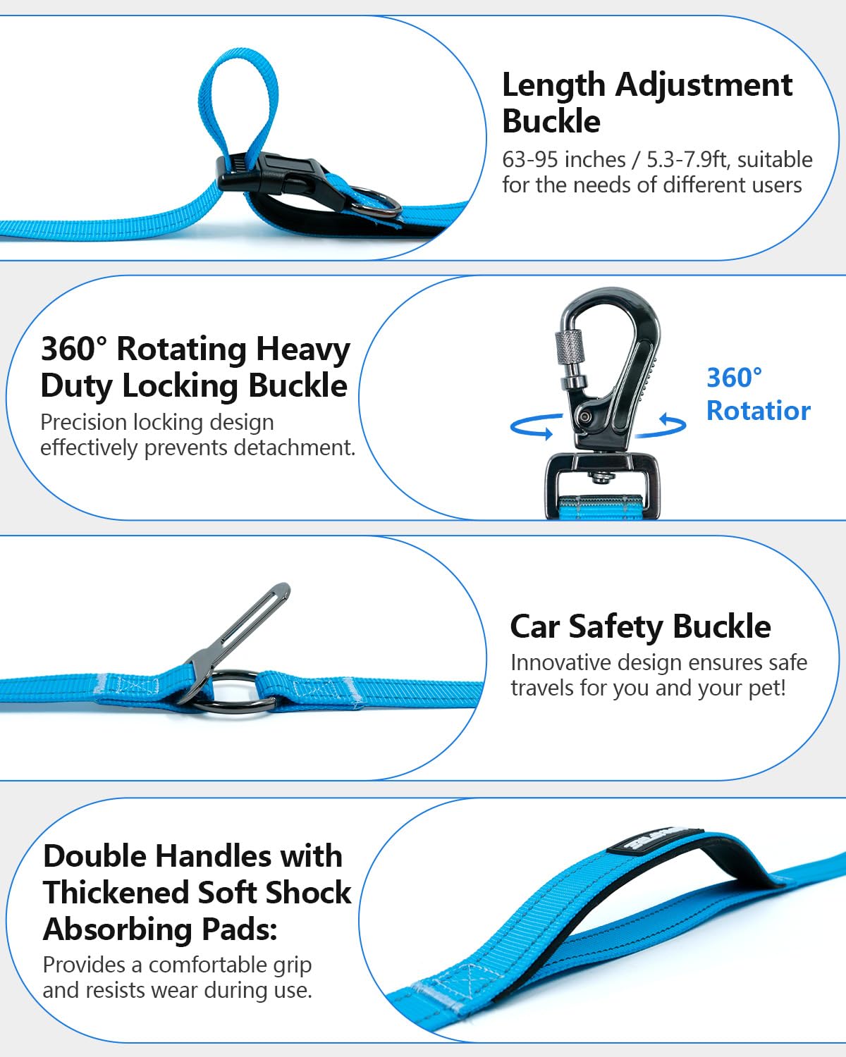 WANFIRE Hands Free Dog Leash, 5.3-7.9ft Medium, Blue, Reflective Stitches, Car Safety Buckle, Nylon & Polyester Fiber, Model HGD324
