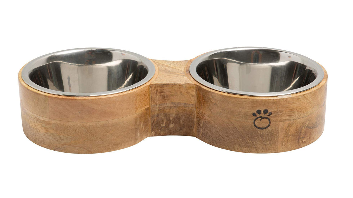 GF Pet Dog Bowl Set - 2 Stainless Steel Bowls & Wooden Feeder Stand for Food & Water - Perfect for Dogs & Cats | Durable Elegant Mango Wood Holder | No-Slip, No-Spill Design - Medium/24oz