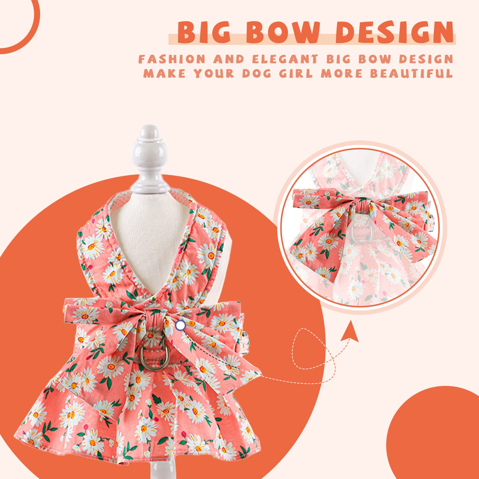 Baejmjk Dog Dress Bowknot Harness Leash Set For Small Dogs Cats Daisy Floral Girl Dog Dresses Cute Puppy Princess Clothes Pet Do