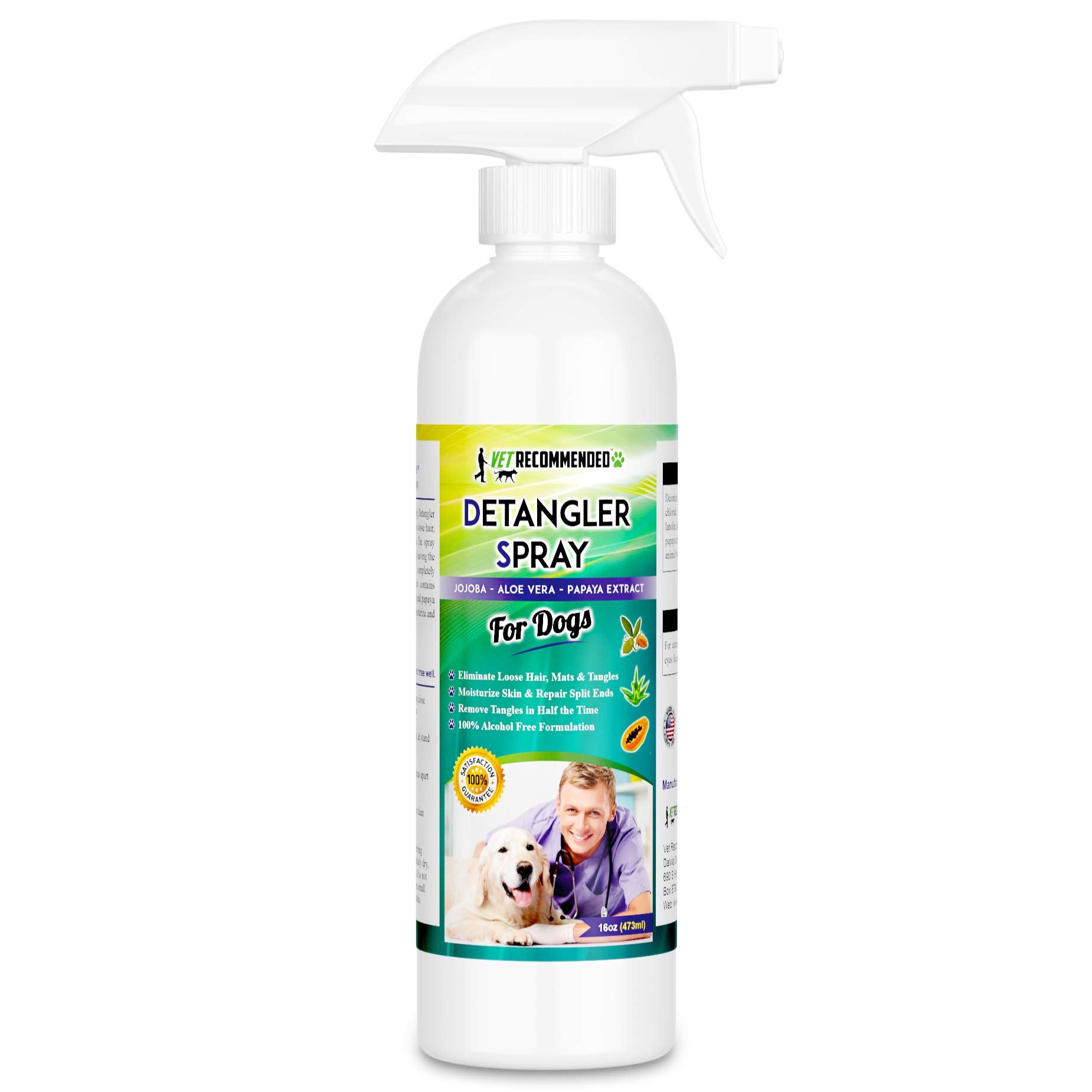 Vet Recommended Dog Detangler Spray & Conditioner – Made From Fresh Natural Extracts Of Papaya, Jojoba & Aloe Vera | Eliminate Loose Hair, Remove Matts And Rejuvenate Coat | Made In Usa | 16 Oz