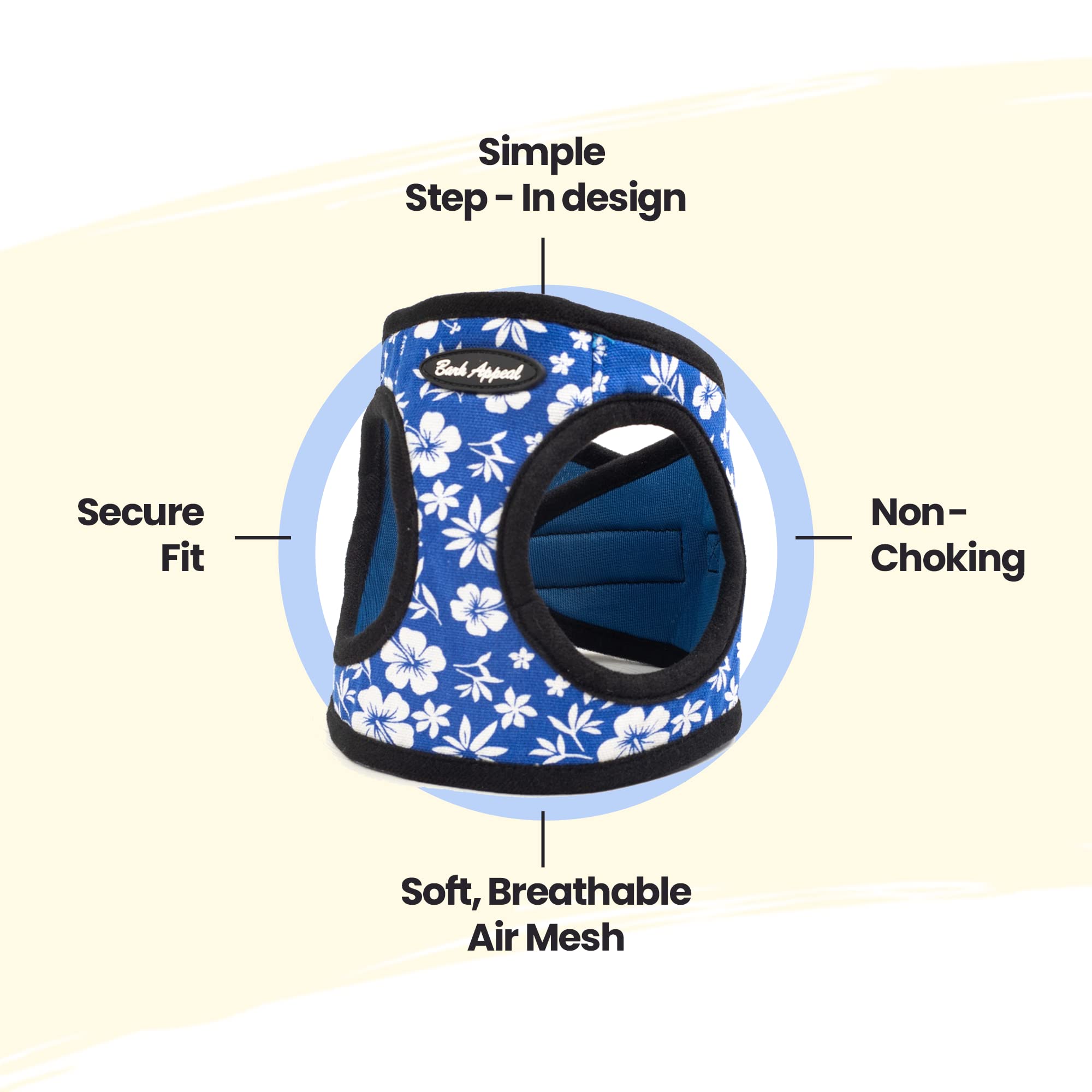 Bark Appeal Step-In Dog Harness, Mesh Step In Dog Vest Harness For Small & Medium Dogs, Non-Choking With Adjustable Heavy-Duty Buckle For Safe, Secure Fit - (Small, Blue Hibiscus)