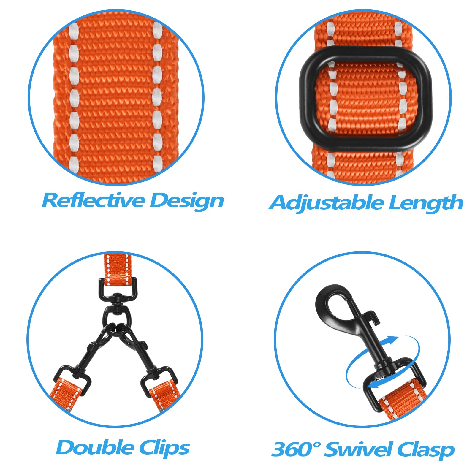 Petbonus Double Dog Leash, No Tangle Dual Dog Leash, Reflective Walking Training Leash, 4 Comfortable Padded Handles For 2 Dogs With Collapsible Bowl And Waste Bags (Orange, Large)