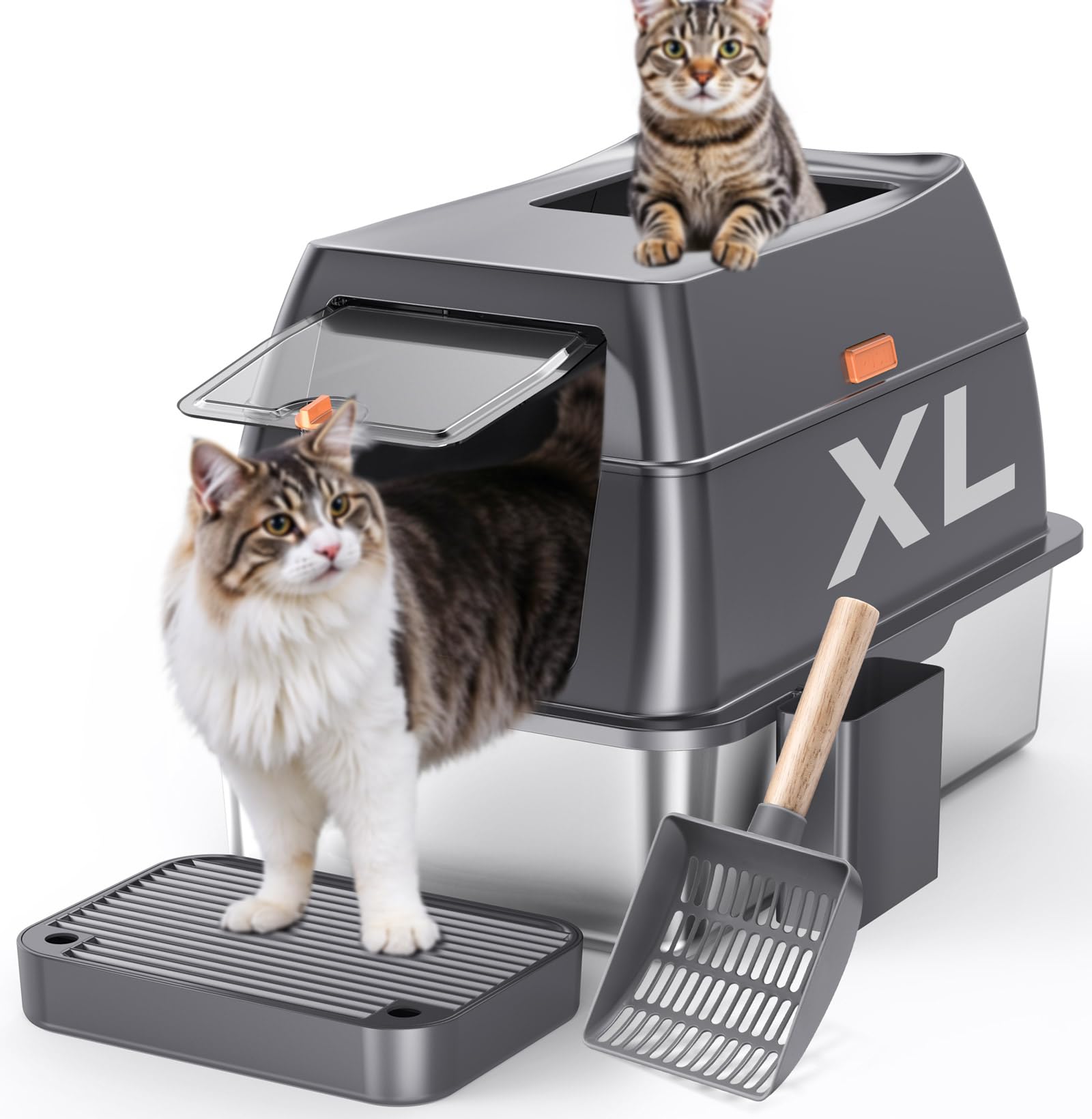Gimars 3 In 1 High Sided Anti-Leakage Stainless Steel Cat Litter Box With Lid, Extra Large Enclosed Easy Cleaning Litter Box Wit