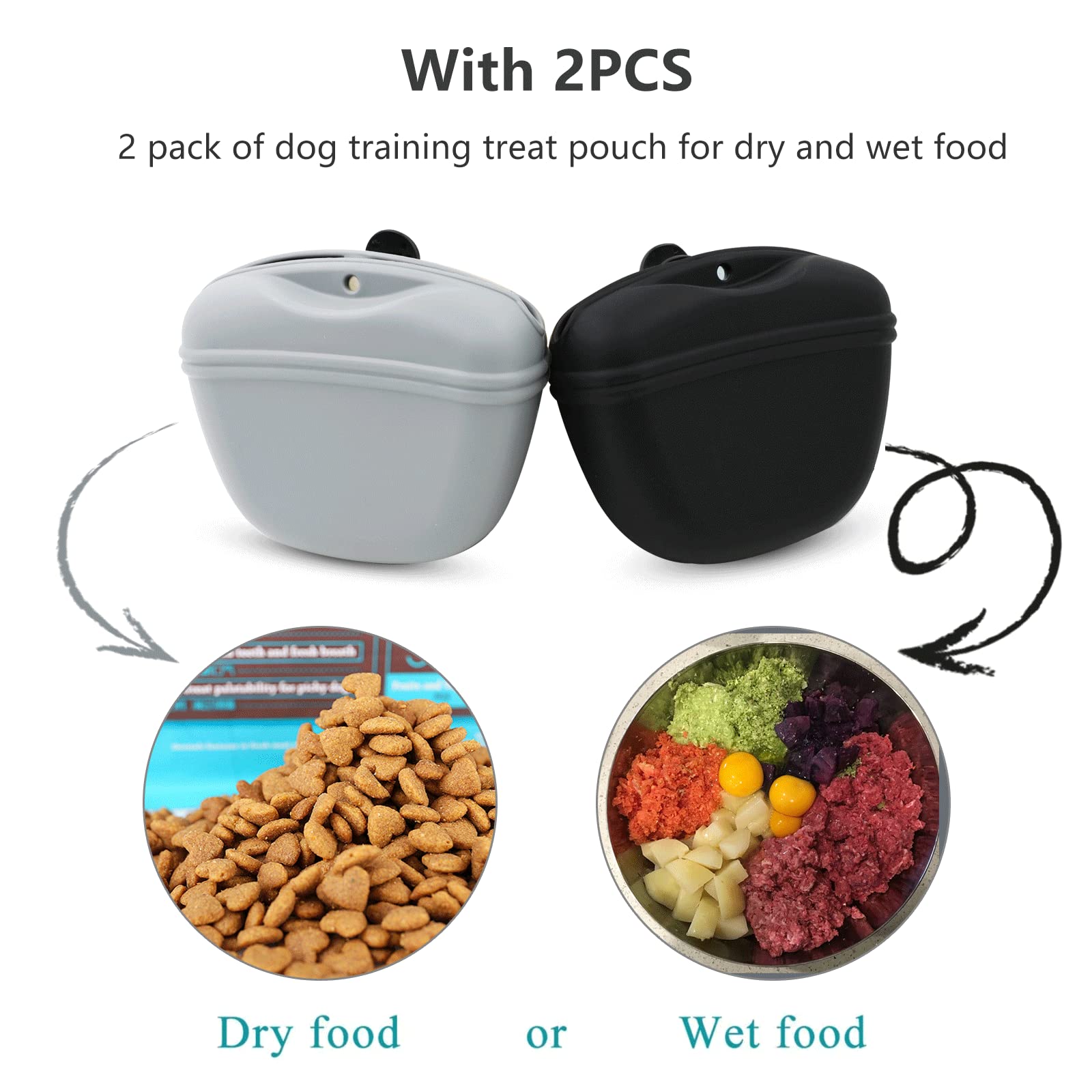 MGKSHADOW Dog Treat Pouch 2 Pack, Dog Treat Training Pouch, Silicone Pet Treat Bag BPA Free/Clip/Magnetic Dog Walk (Grey & Black