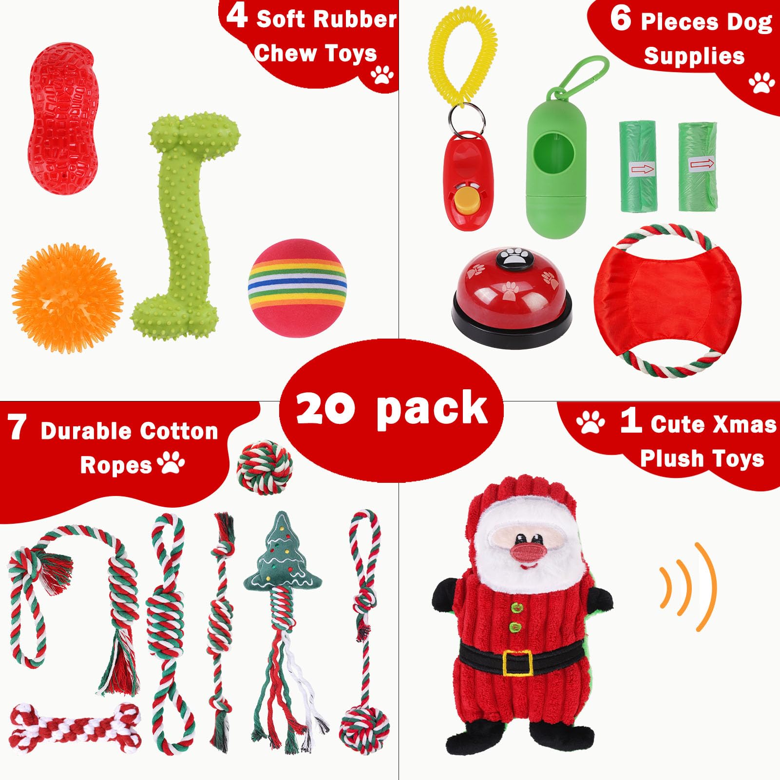 Scenereal Christmas Dog Toys Bulk 20 Pack, Puppy Squeaky Chew Toys For Busy Boredom, Chewing, Teething, Pet Plush Dolls Rope Bal