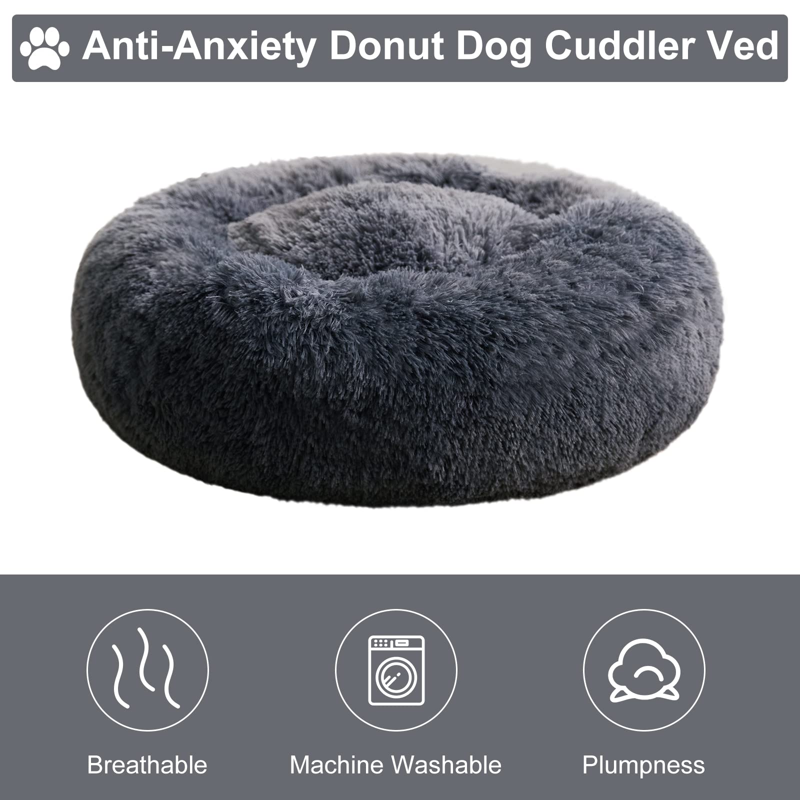 Wnpethome Calming Dog & Cat Bed, Anti-Anxiety Donut Bed, Fluffy Faux Fur Cushion For Small Dogs And Cats (20 X 20 X 8 Inch, Navy
