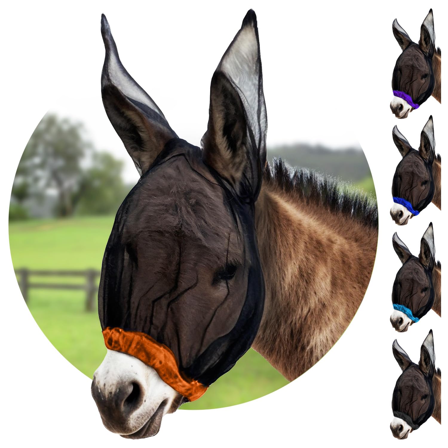 Donkey Fly Mask with Long Ears (Orange) Made in USA - Mule Fly Mask with Ears Protection from Insects and Bugs, Mini Donkey Soft