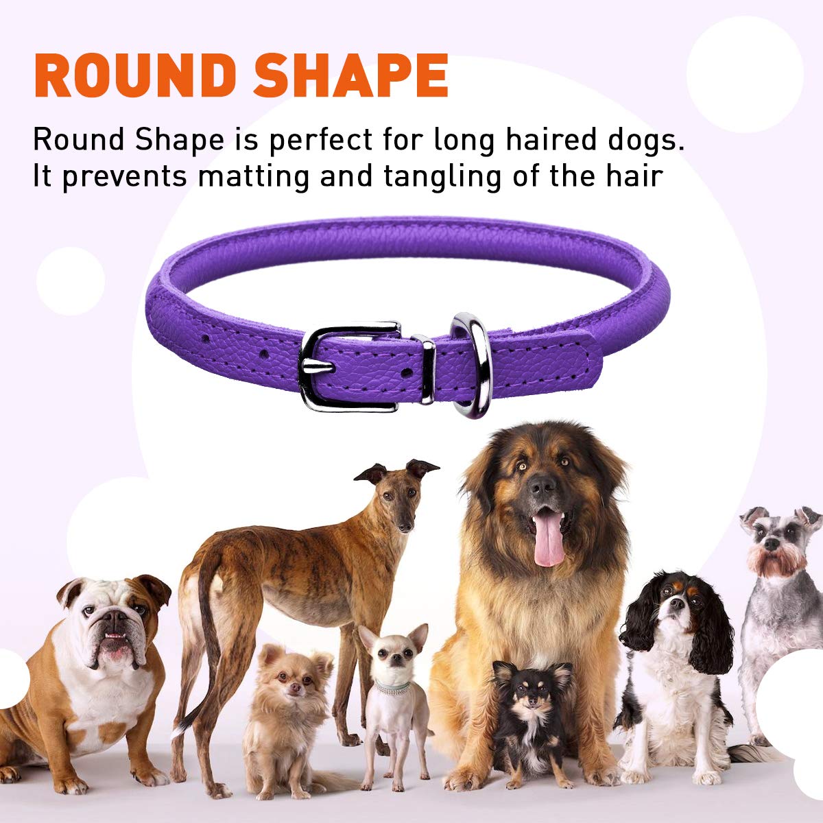 Dogline Soft And Padded Rolled Round Leather Collar For Dogs W1/4'' - L10''-13'' Purple