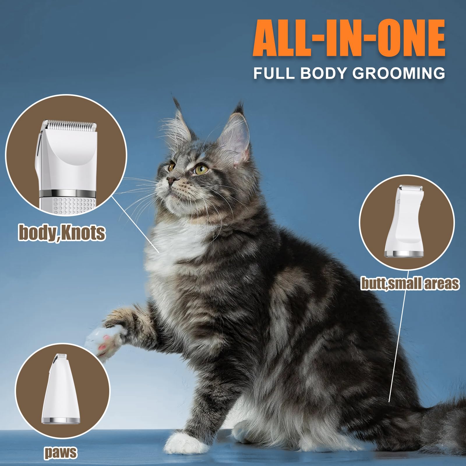 Bautrium Cat Grooming Clippers Kit With Paw Trimmer, 3 In 1 Electric Pet Hair Trimmer Supplies For Thick Matted Hair, Heavy Coat