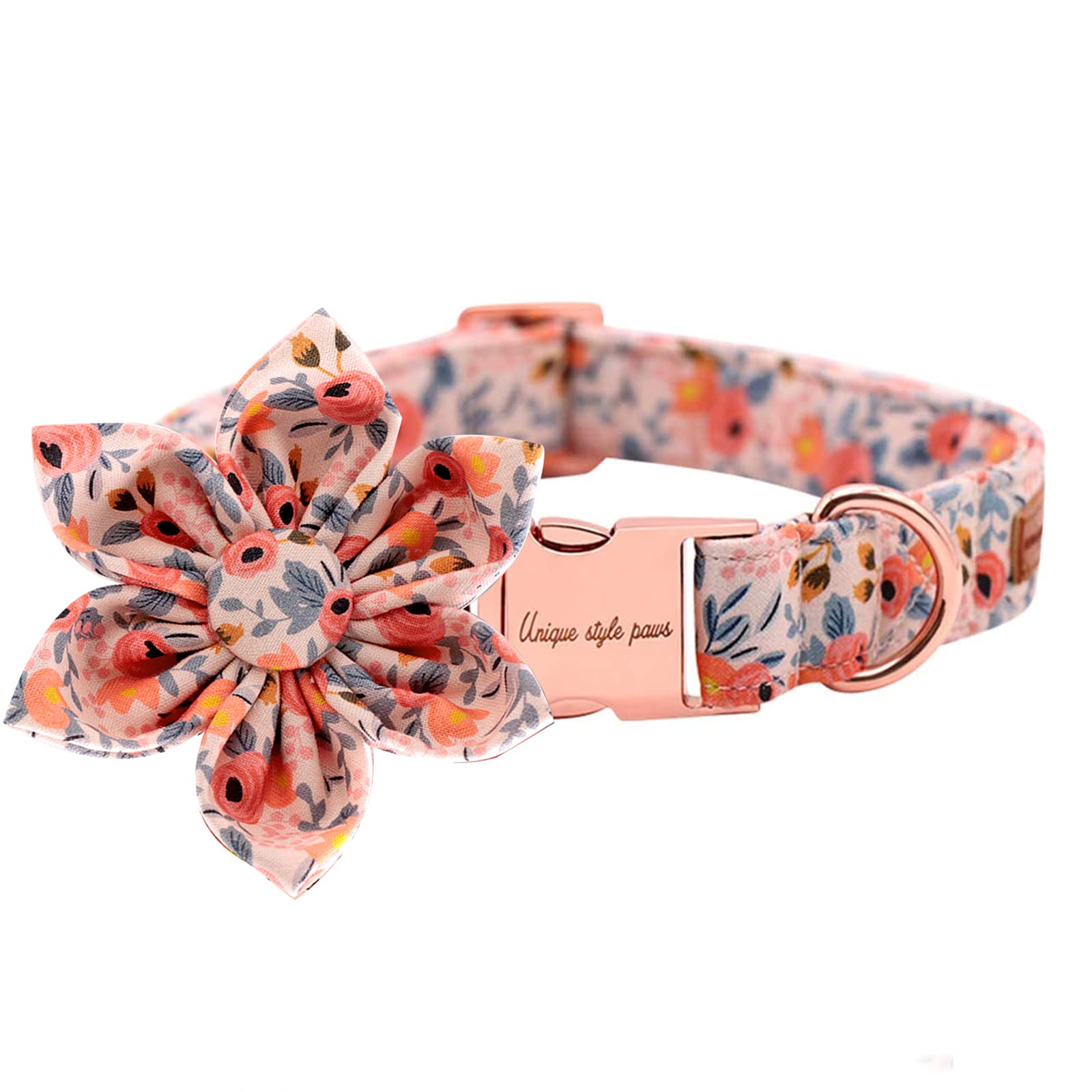 Uniqe Style Paws Flower Dog Collar, Peach Rose Adjustable Girl Dog Collar With Flower, Durable Floral Pattern Pet Collar For X-Large Female Dogs