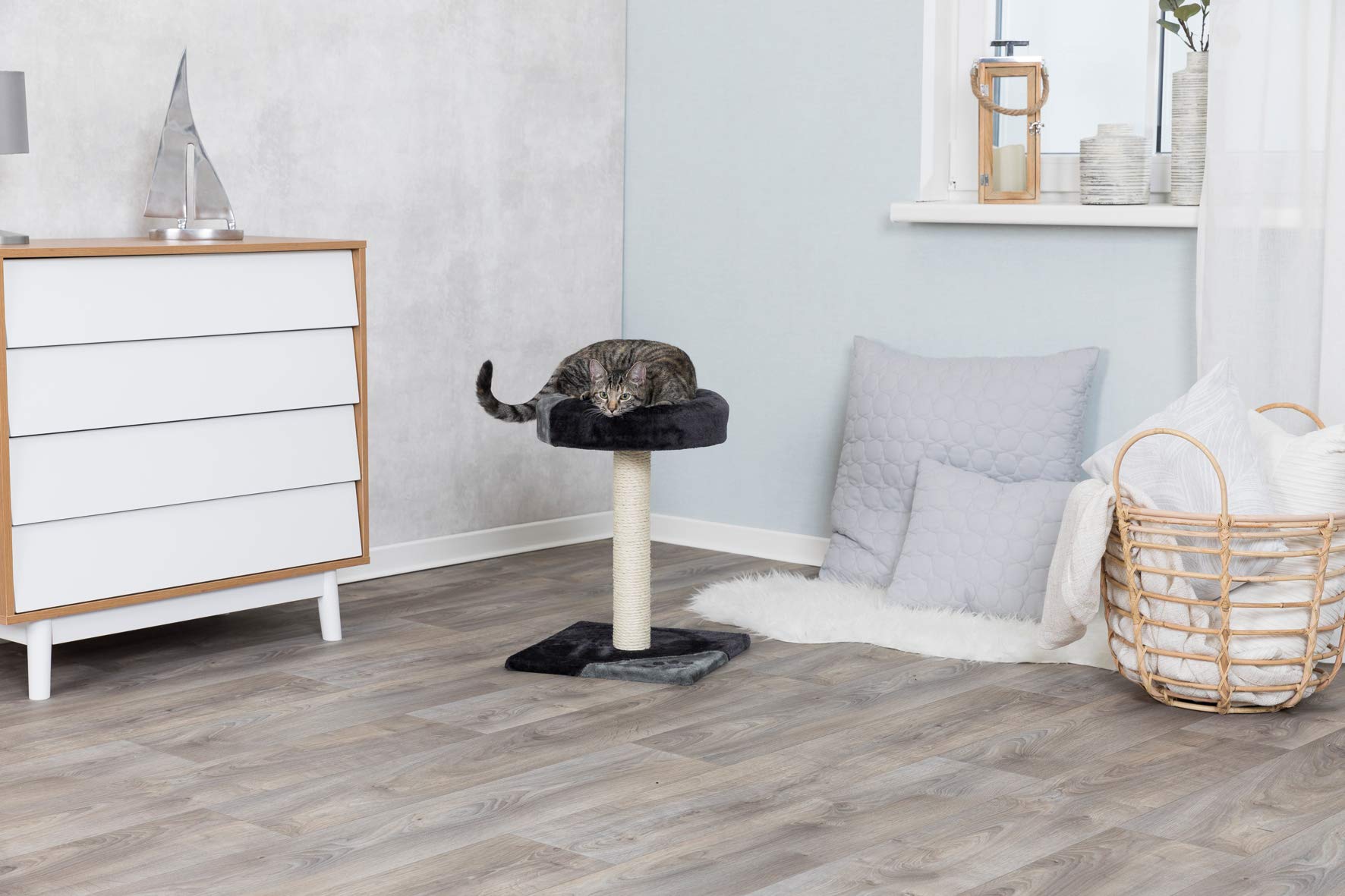 Trixie Tarifa Cat Scratching Post 20.5 Inch - Cat Scratcher With Soft Fabric Covering Base And Durable Sisal Rope - With Padded Platform - In Gray/Black