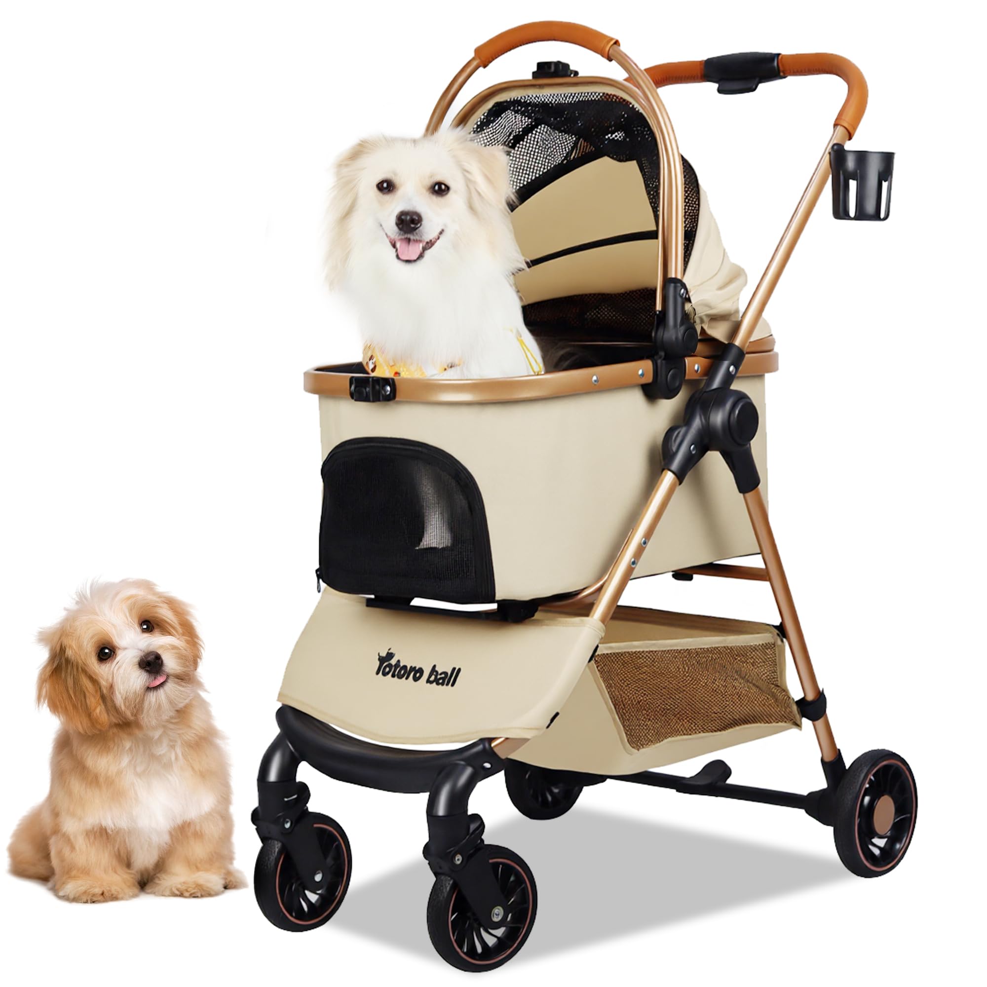 3-in-1 Pet Stroller for Small Dogs & Cats up to 33lbs, One-Touch Fold 4-Wheel Cart with Removable Carrier, Rear Brake & Storage 