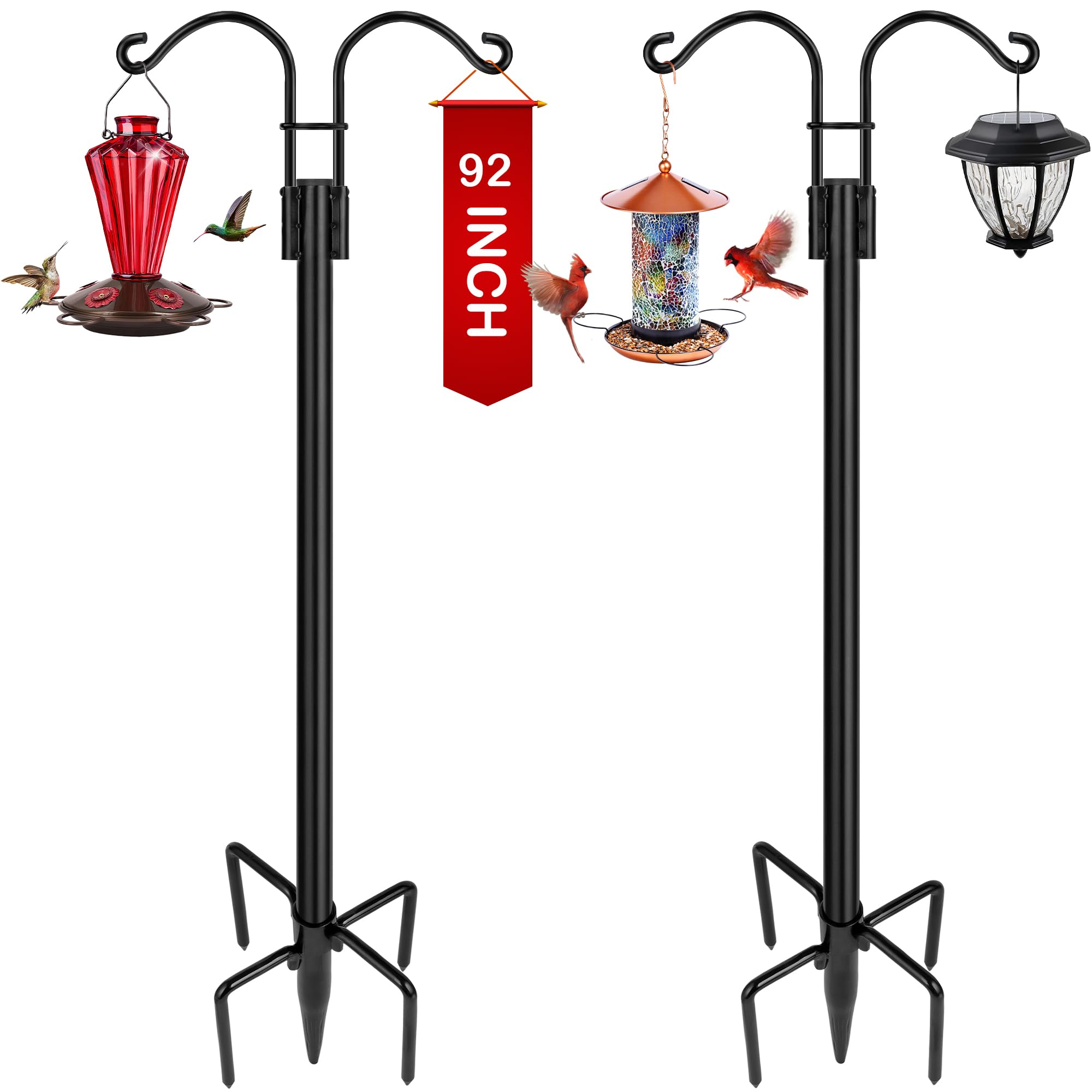 XDW-GIFTS Double Shepherds Hooks for Outdoor, 2-Pack Heavy Duty Garden Pole for Hanging Bird Feeder, Plant Baskets, Solar Light 