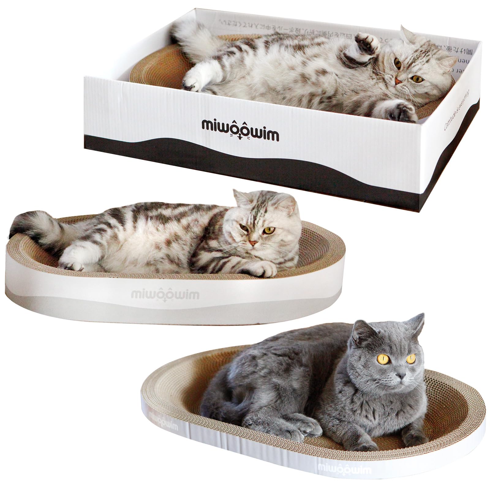 Miwoowim 3Pcs 23.6 Inch Extra Large Cat Scratcher Bed,Big Cats Box With Corrugated Scratch Pad, Scratching Lounge Bed,Oval Shape