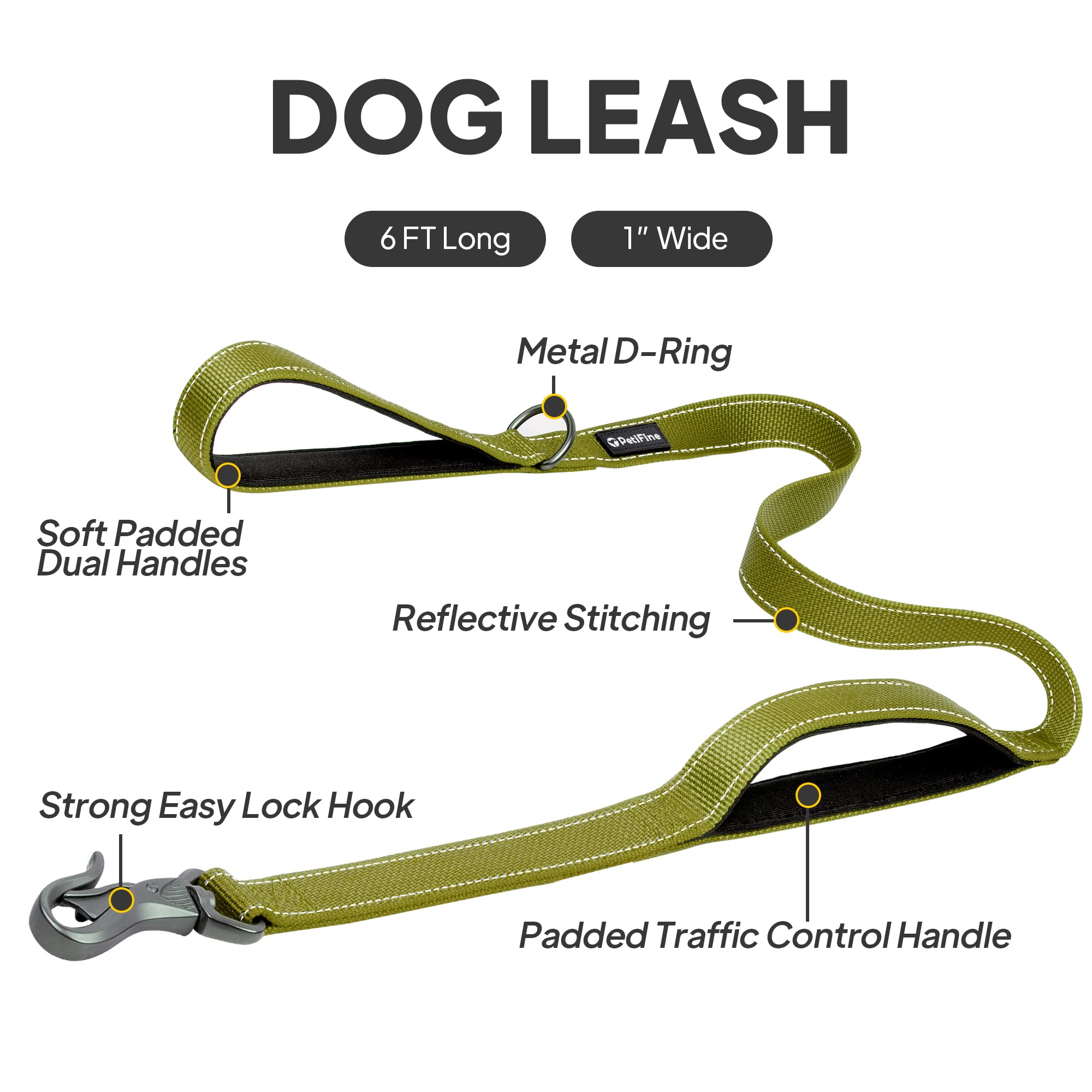 Petifine 6Ft Heavy Duty Dog Leash With Soft Padded Double Handle, Durable Strong Clasp Dog Leashes, Reflective Nylon Walking Lead For Large,Medium,Small Breed Dogs, Green