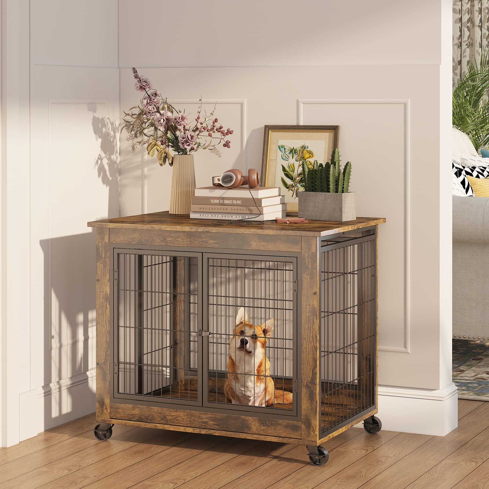 Ichbingo Dog Crate Furniture, Wooden Dog Crate Table, 31.5' Dog Kennel With 3 Doors, Flip-Up Top Opening And Wheels, Decorative Pet Crate Dog House For Medium/Small Dog Indoor Use (Rustic Brown)