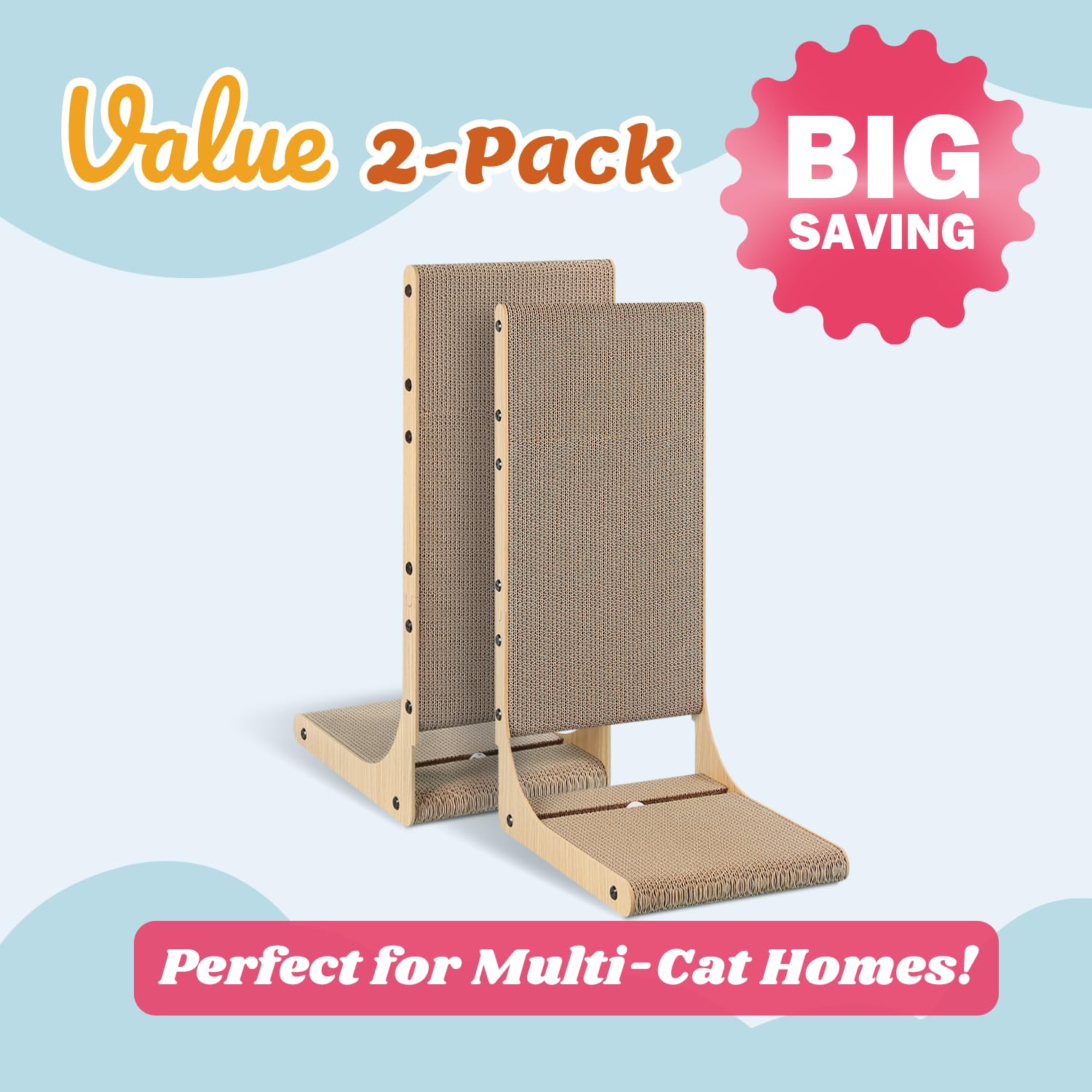Zakkart 2-Pack Cat Scratching Board, 25.6'' Tall Cardboard L Shape Vertical Cat Scratchers For Indoor Cats, Cat Scratching Post