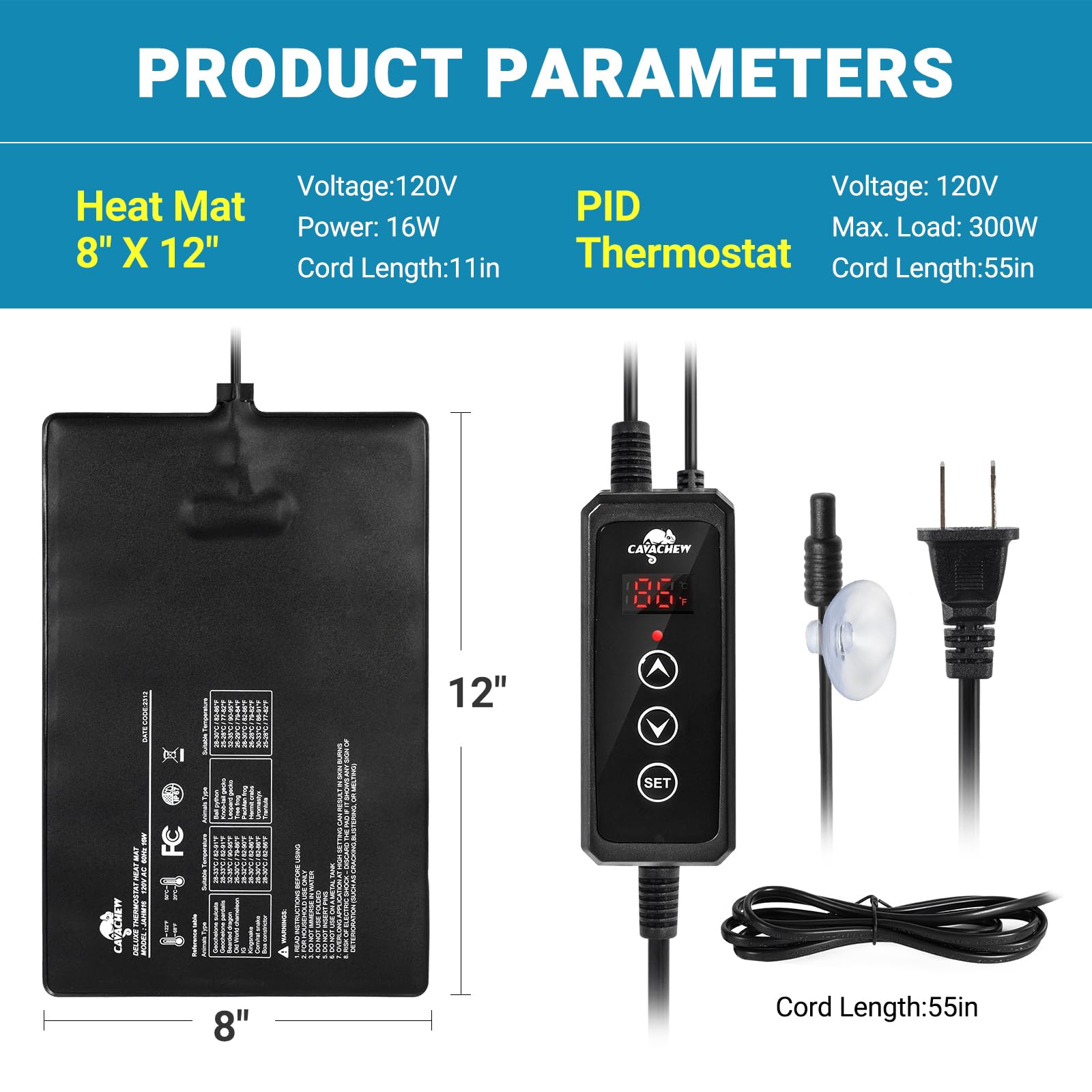 CAVACHEW Reptile Heat Pad with Dimming Thermostat, 8"x12", 16W Under Tank Heater for 30-40 Gallon Tank, Black