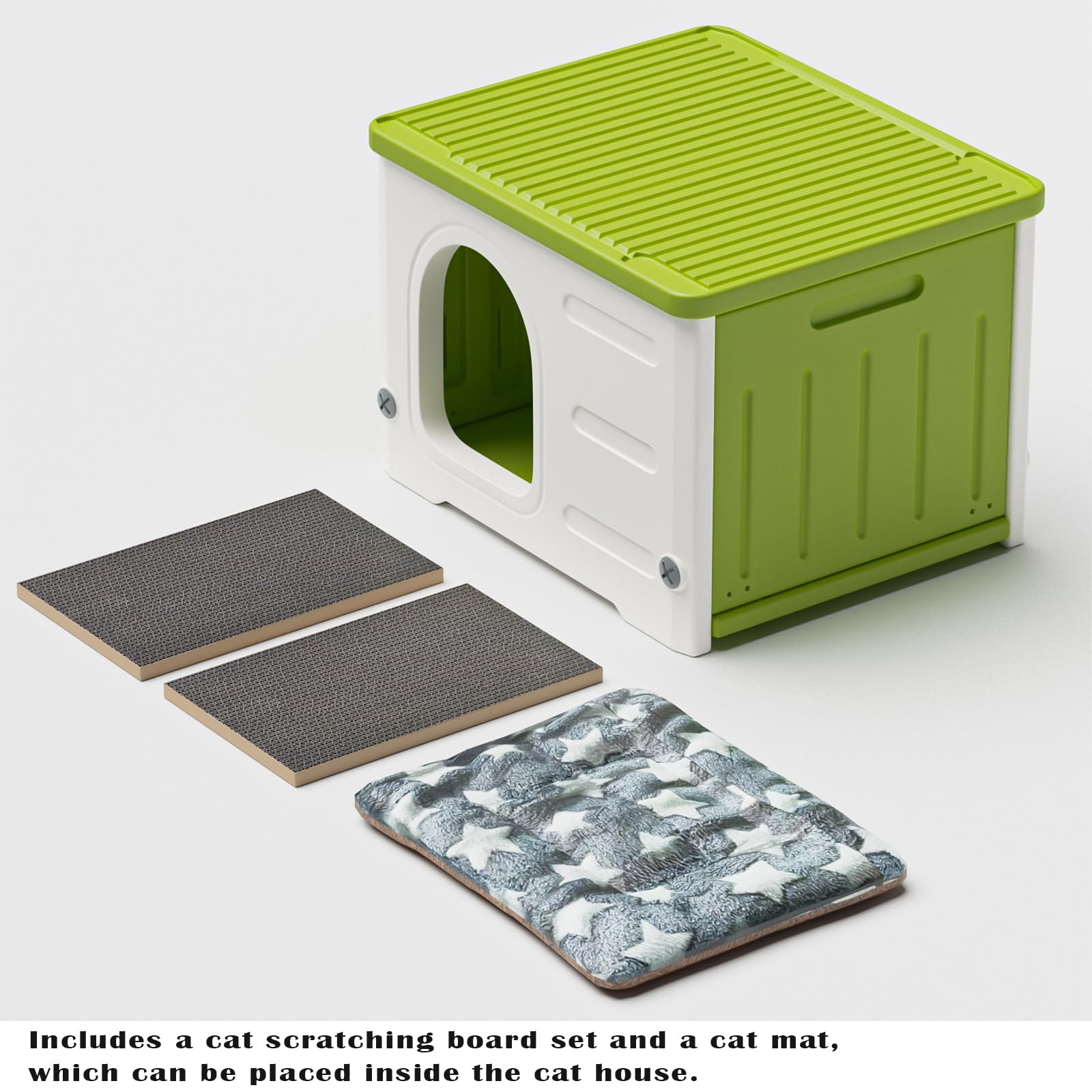 Plastic Cat House for Outdoor Indoor Use, Stackable Feral Cat Shelter Indoor Cat House Weatherproof Waterproof Elevated (Green)