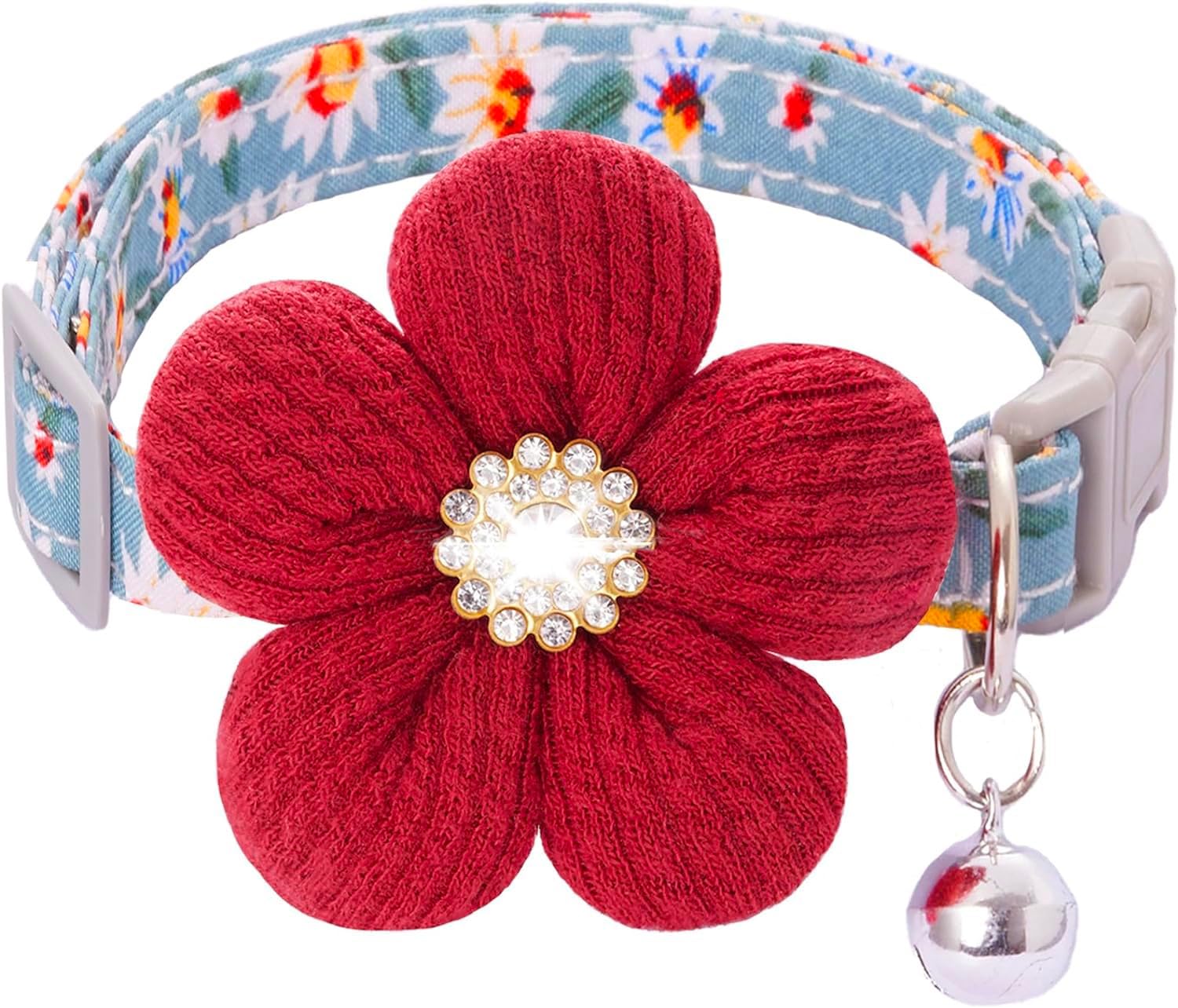 Small Dog Collar With Flower, Puppy Collar For Girl Dog Collars For Small Dogs Cute Dog Collar With Bell, Adjustable Length (Red