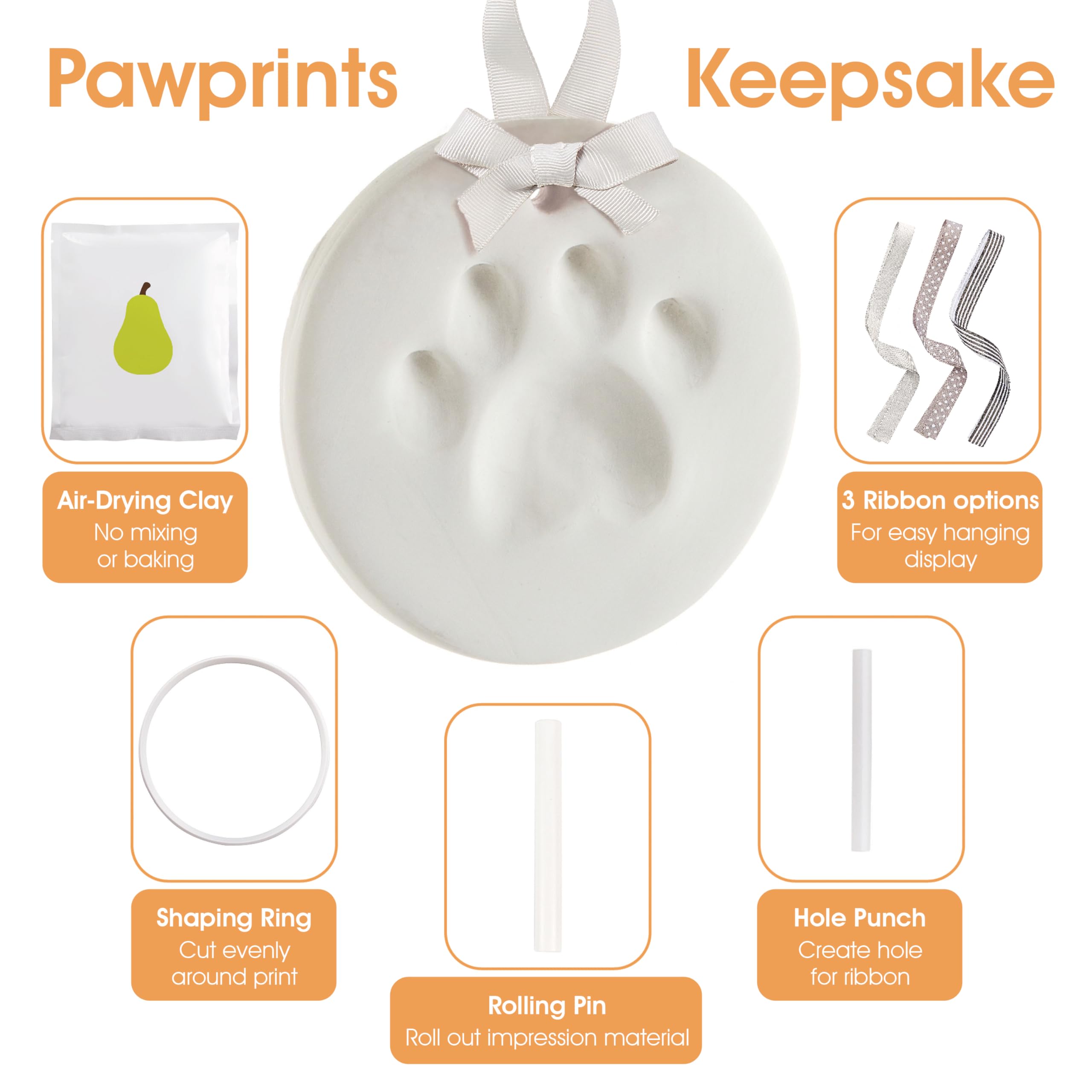 Pearhead Pet Paw Print Keepsake Ornament Kit - Diy Hanging Clay Keepsake For Dogs & Cats, Pet'S First Christmas Ornament, Customized Family Ornament, 3 Ribbons