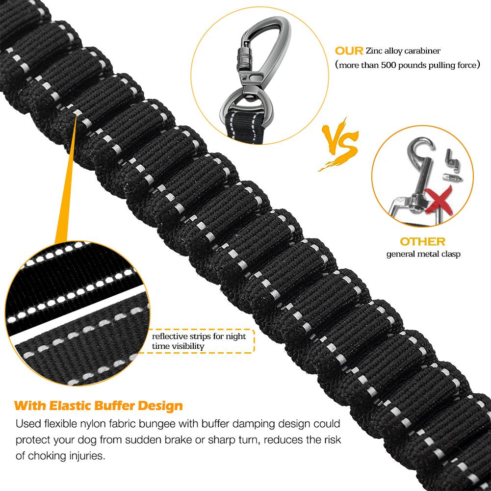 Fashion&Cool Heavy Duty Dog Leash Especially Large Dogs Up To 150Lbs, 4-6 Ft Reflective Dog Walking Training Shock Absorbing Bungee Leash Car Seat Belt Buckle, 2 Padded Traffic Handle Extra Control