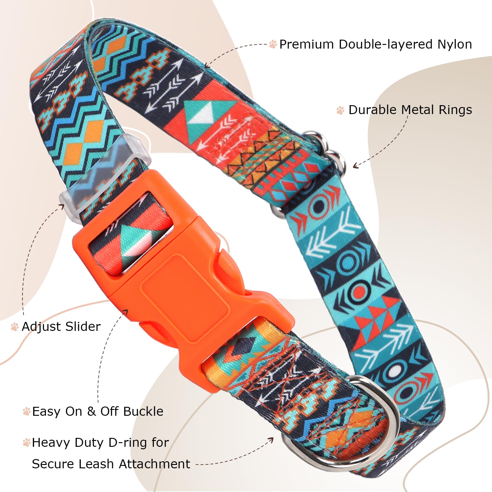 Dog Collar For Large Dogs With African Tribal Aztec Mexican Native Southwestern Boho Pattern, Adjustable Pet Collars For Xs Smal
