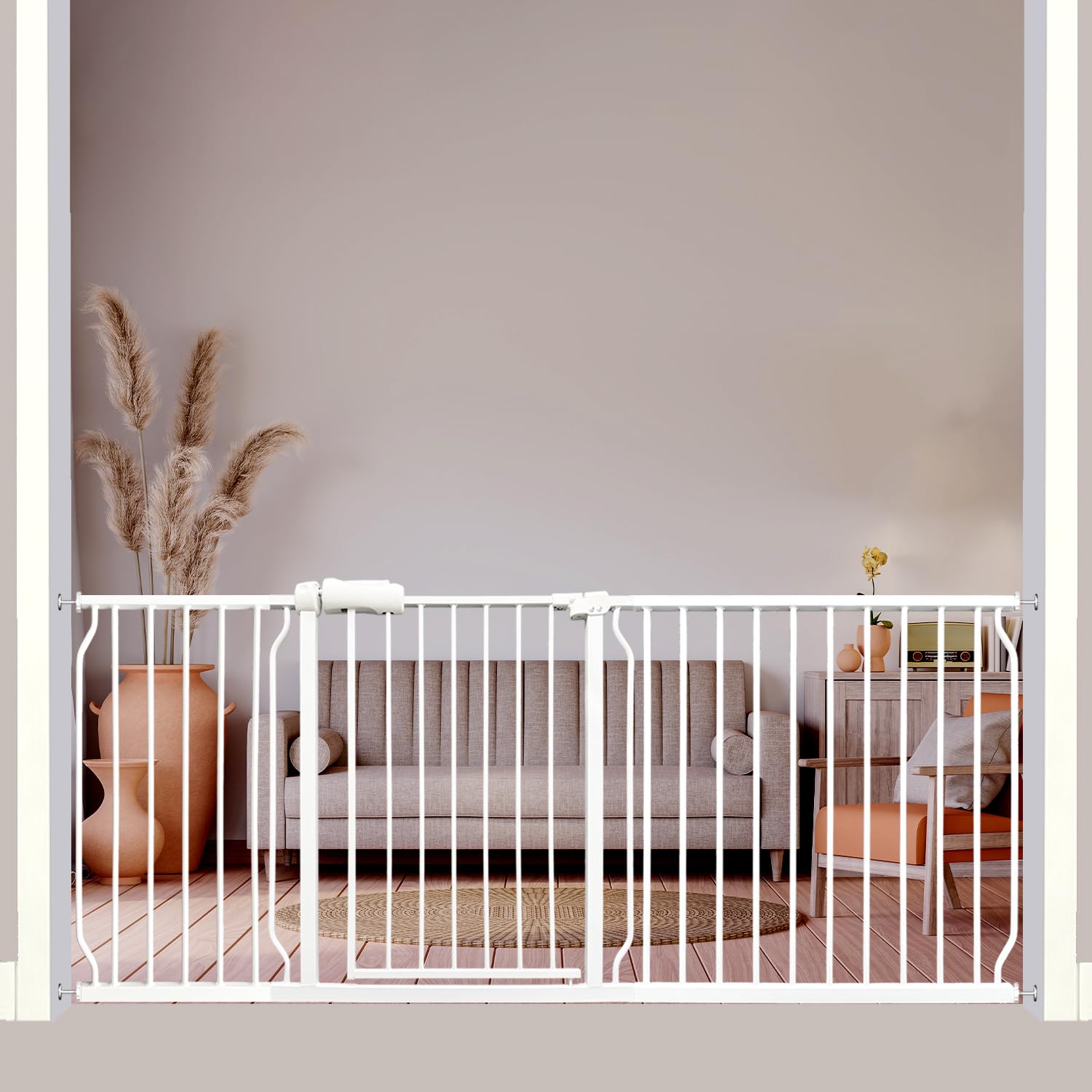 Extra Wide Baby Gates - 71.6-76.4 Inch, Heavy Duty Baby & Pet Safety Gate, White Metal, Tension Mounted Child & Pet Gates for St