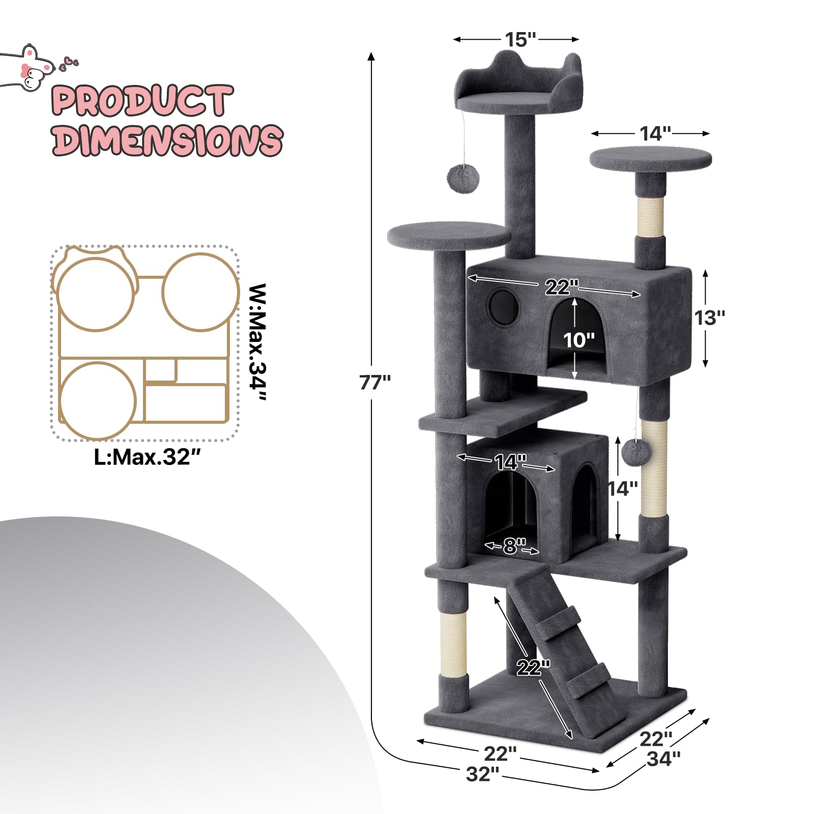 Monibloom Cat Tree, 77 Inch Cat Tree Tower With 2 Condo, Tall Cat Tower With Scratching Post, Cat Climbing Tower, Cat Tree For I
