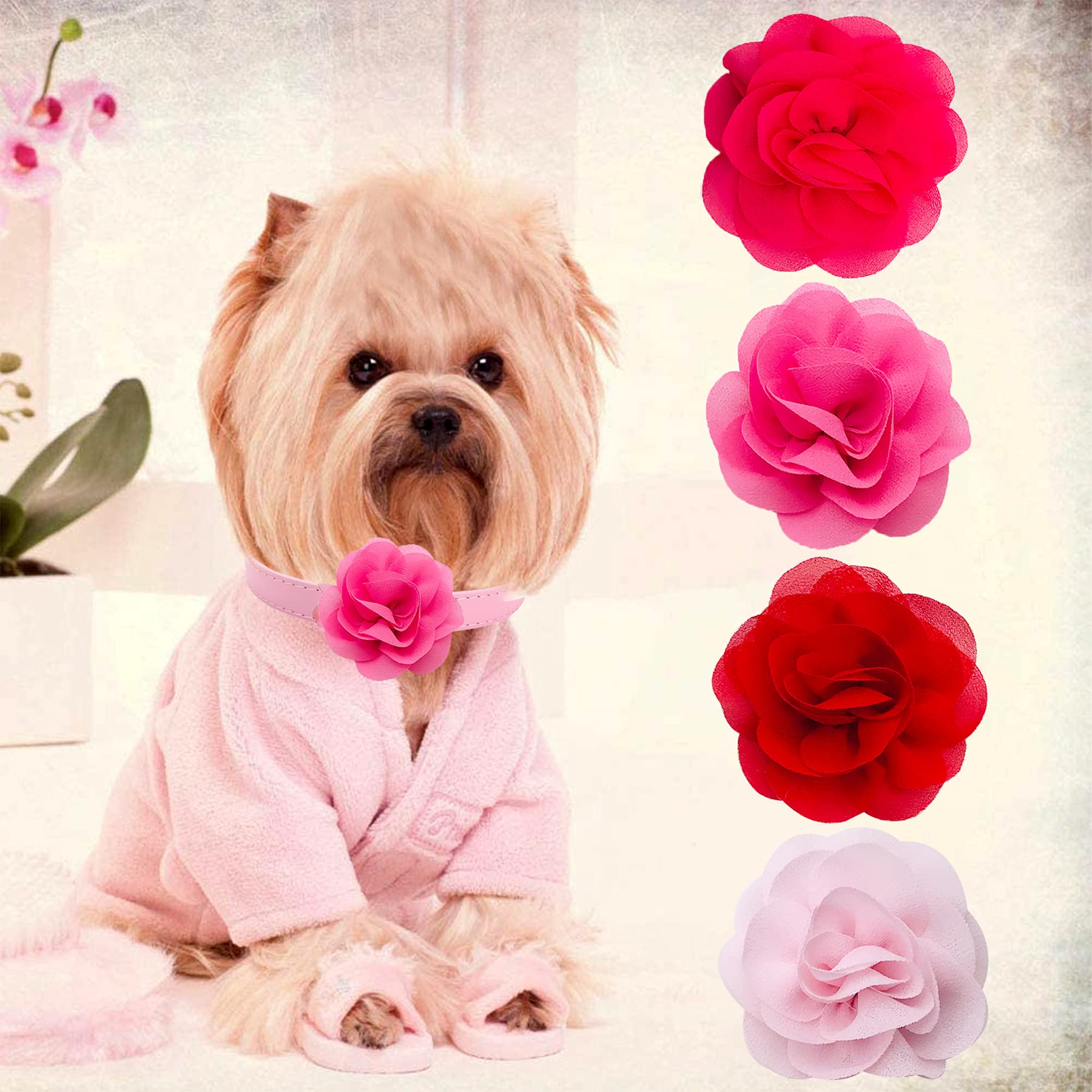 Pet Show 4Pcs Pink Small Dogs Collar Flowers Charms For Girls Female Rabbit Slides On Cat Collars Attachment Accessories For Med