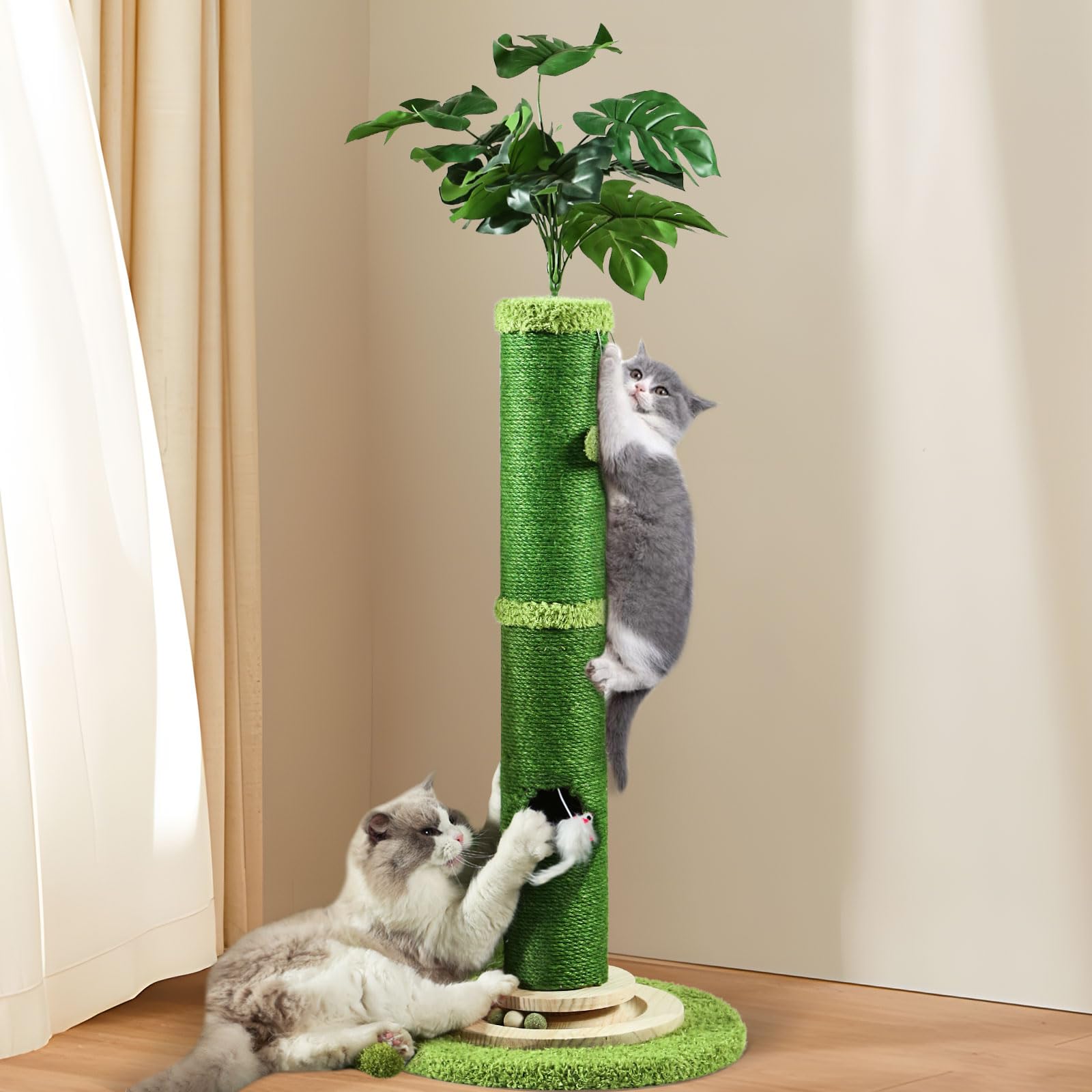 Oyx Scratching Posts For Indoor Cats, 42 Tall Monstera Cat Scratching Post, Bottom Mouse Hole And Interactive Ball Track, Top 