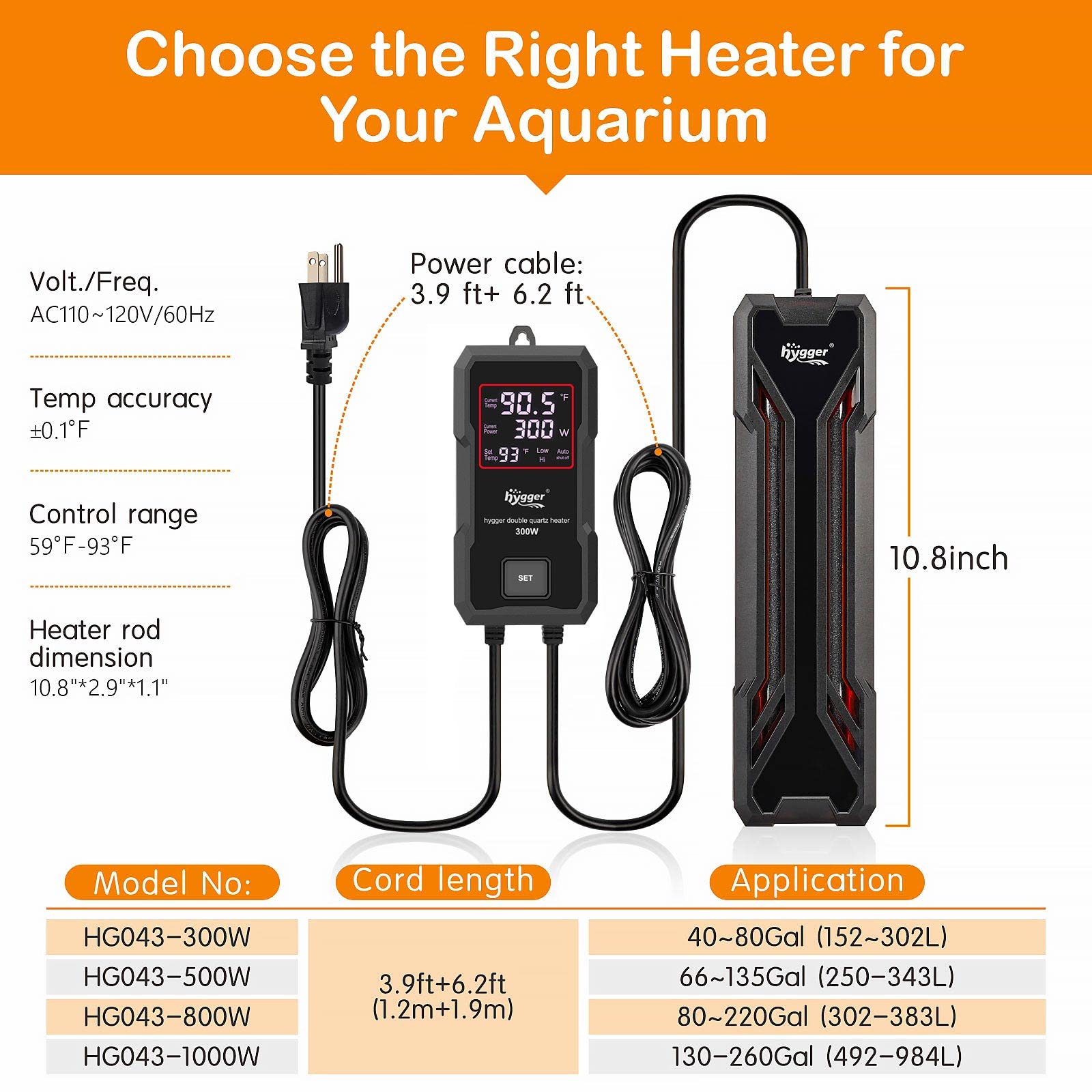 Hygger Aquarium Heater 300W/500W/800W/1000W, Submersible Fish Tank Heater With Digital Led Controller And Intelligent Leaving Water Automatically Stop Heating System, For Freshwater And Saltwater