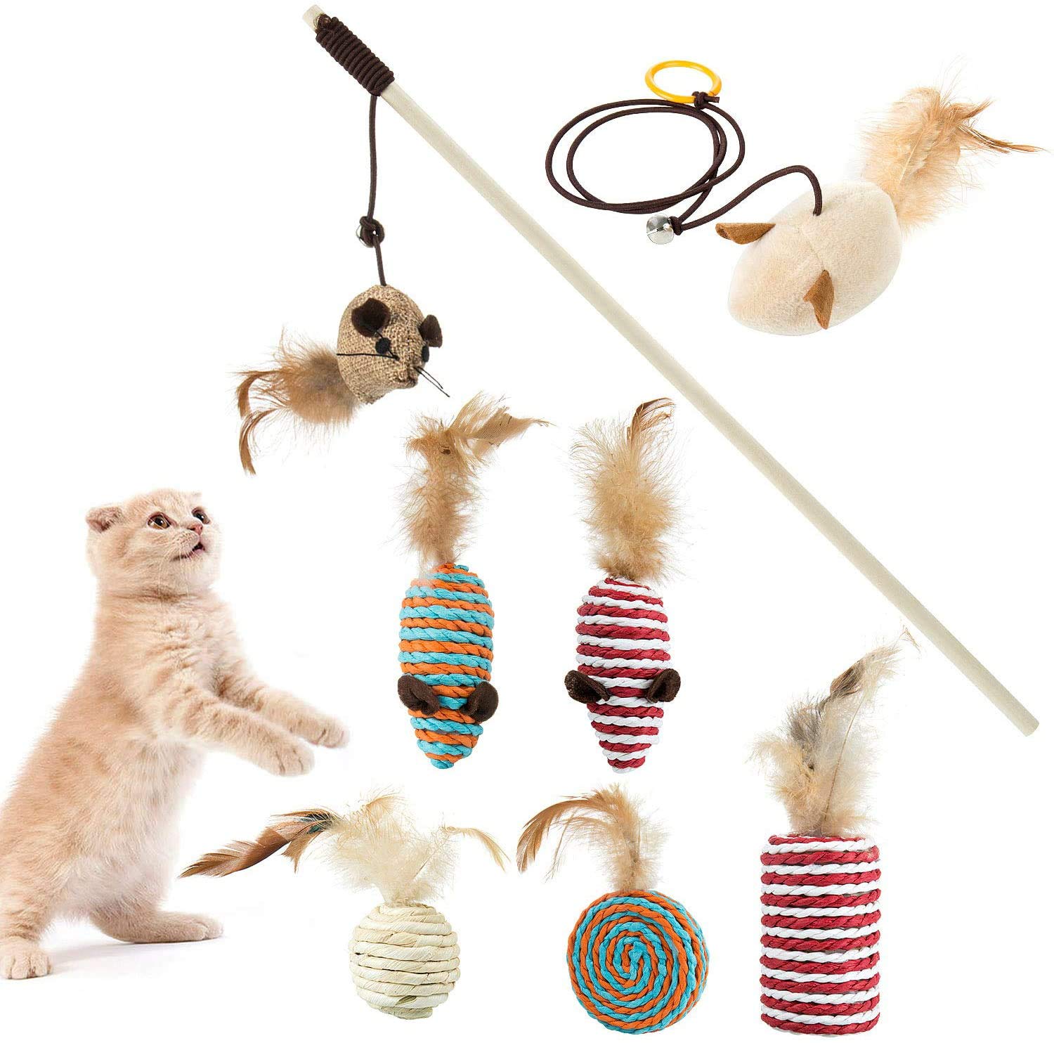 Jainsons Pet Products Cat Interactive Plush Toy Gift Set | Sisal Ball And Mouse Toy With Bell | Feather Cat Stick | 7Piece Fun 