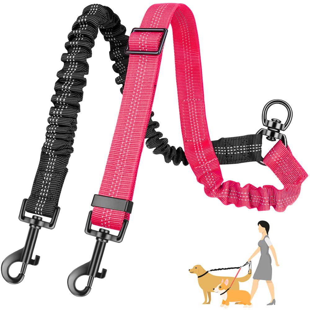 Autowt Two Dog Lead, 2 In 1 Upgraded Double Dog Leash Attachment Combine Adjustable Strap And Shock Absorbing Bungee No Tangle Dual Training Splitter For Different Size Dogs
