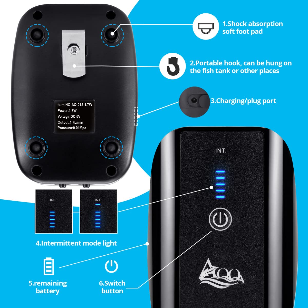 Aqqa Aquarium Rechargeable Air Pump,Multifunctional Portable Energy Saving Power Quiet Oxygen Pump, One/Dual Outlets With Air St