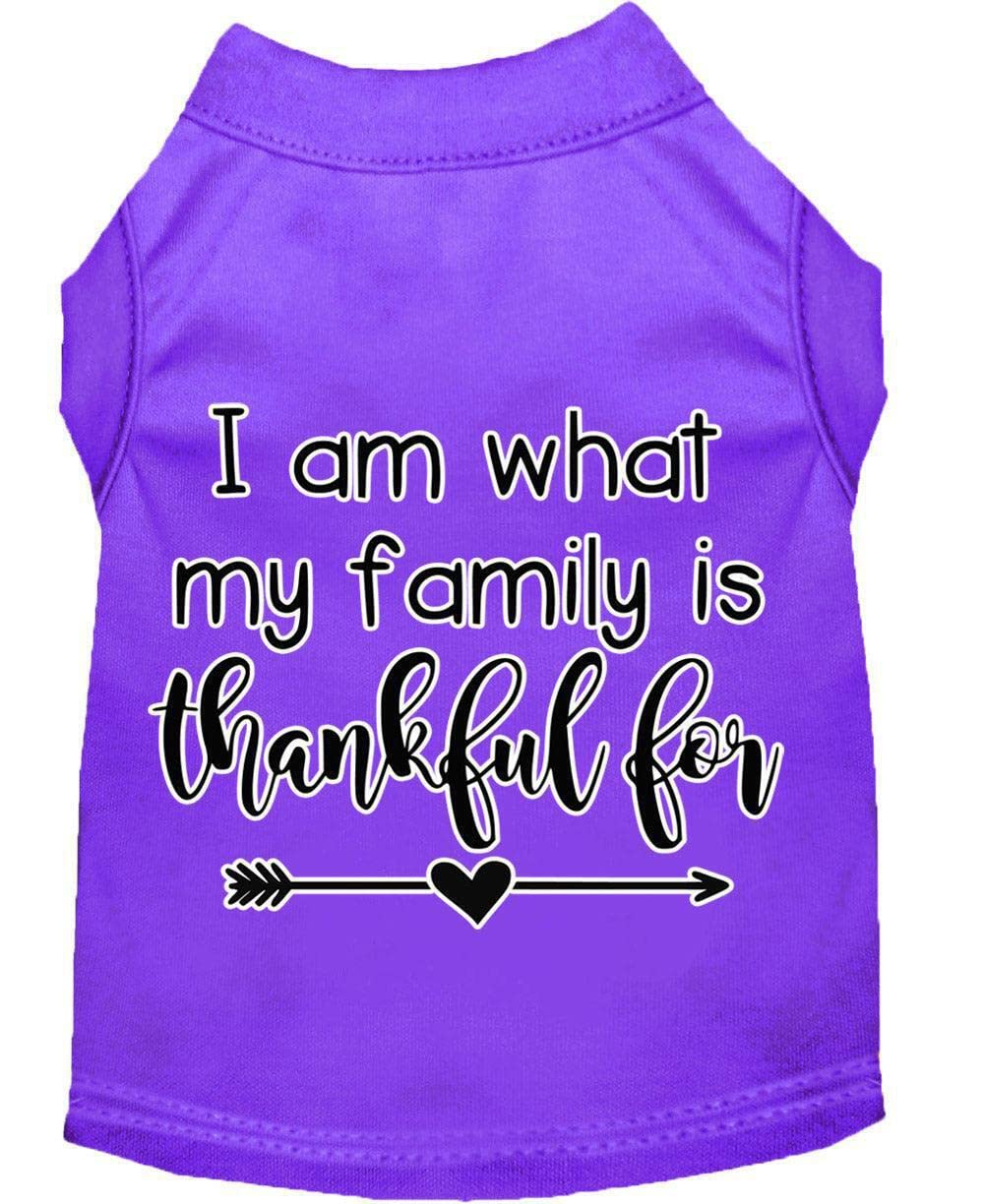 Pet Dog & Cat Shirt Screen Printed, "I Am What My Family Is Thankful For" Purple XS (0-3 lbs.)