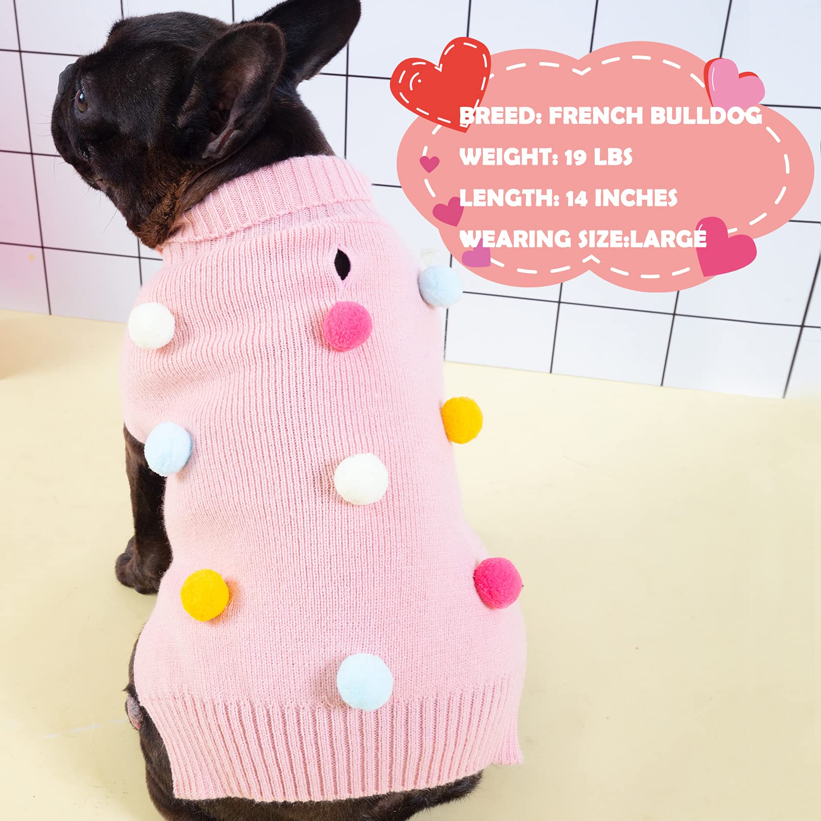 Kyeese Dog Sweater With Colorful Pompom Ball Turtleneck Dog Knitwear With Leash Hole For Small Dogs Puppy Cat Sweater,Xs