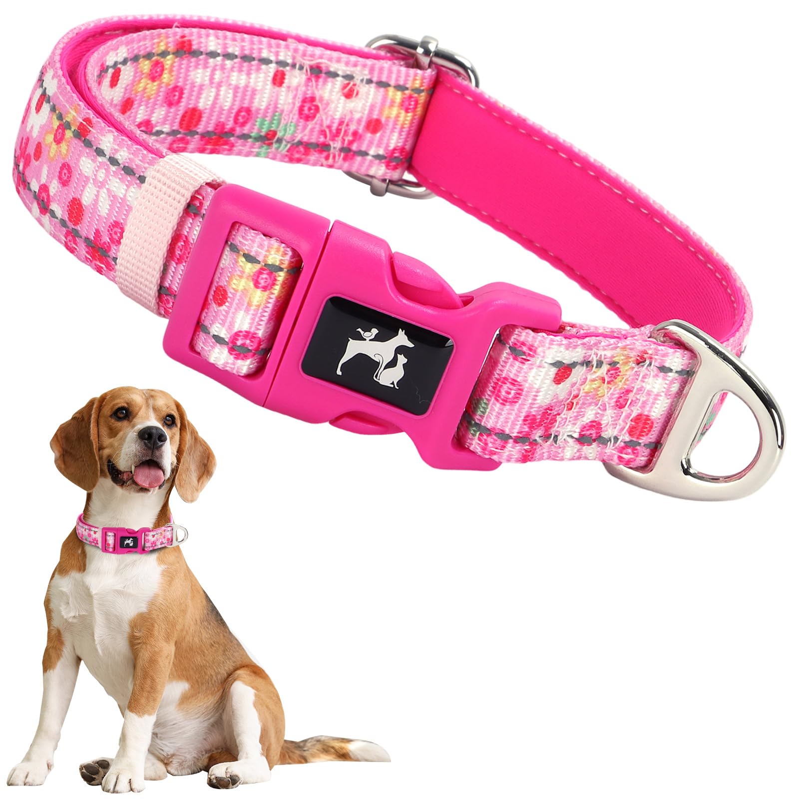 Onefojojo Girl Dog Collar,Reflective Cute Pink Flower Collar For Medium Large Extra Large Female Dogs(Flower L