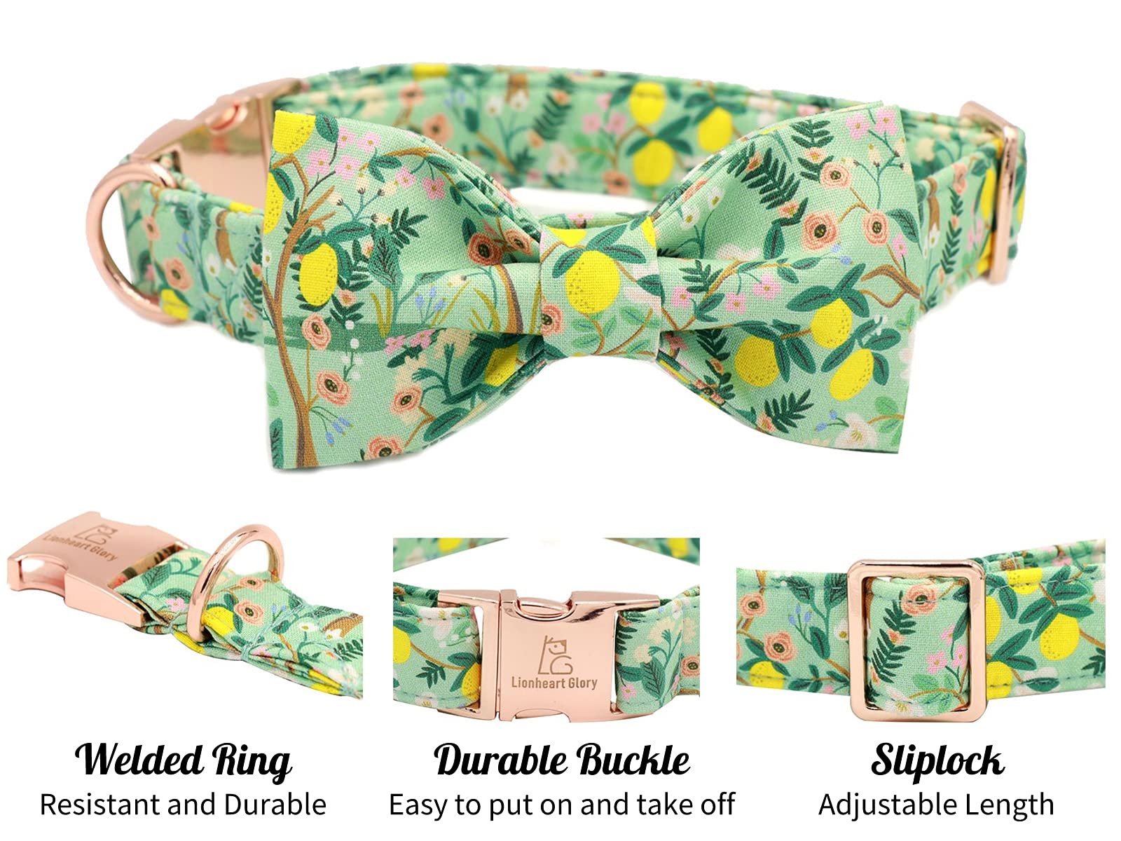 Lionheart Glory Premium Floral Dog Collars, Bowtie Dog Collar, Adjustable Heavy Duty Girl Dog Collar With Bow For Medium Dogs